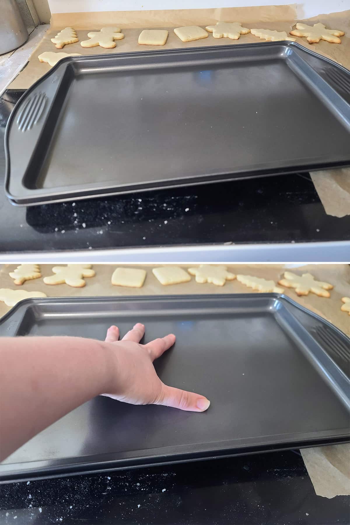 A two part image showing a baking pan being used to flatten a pan of freshly baked sugar cookies.