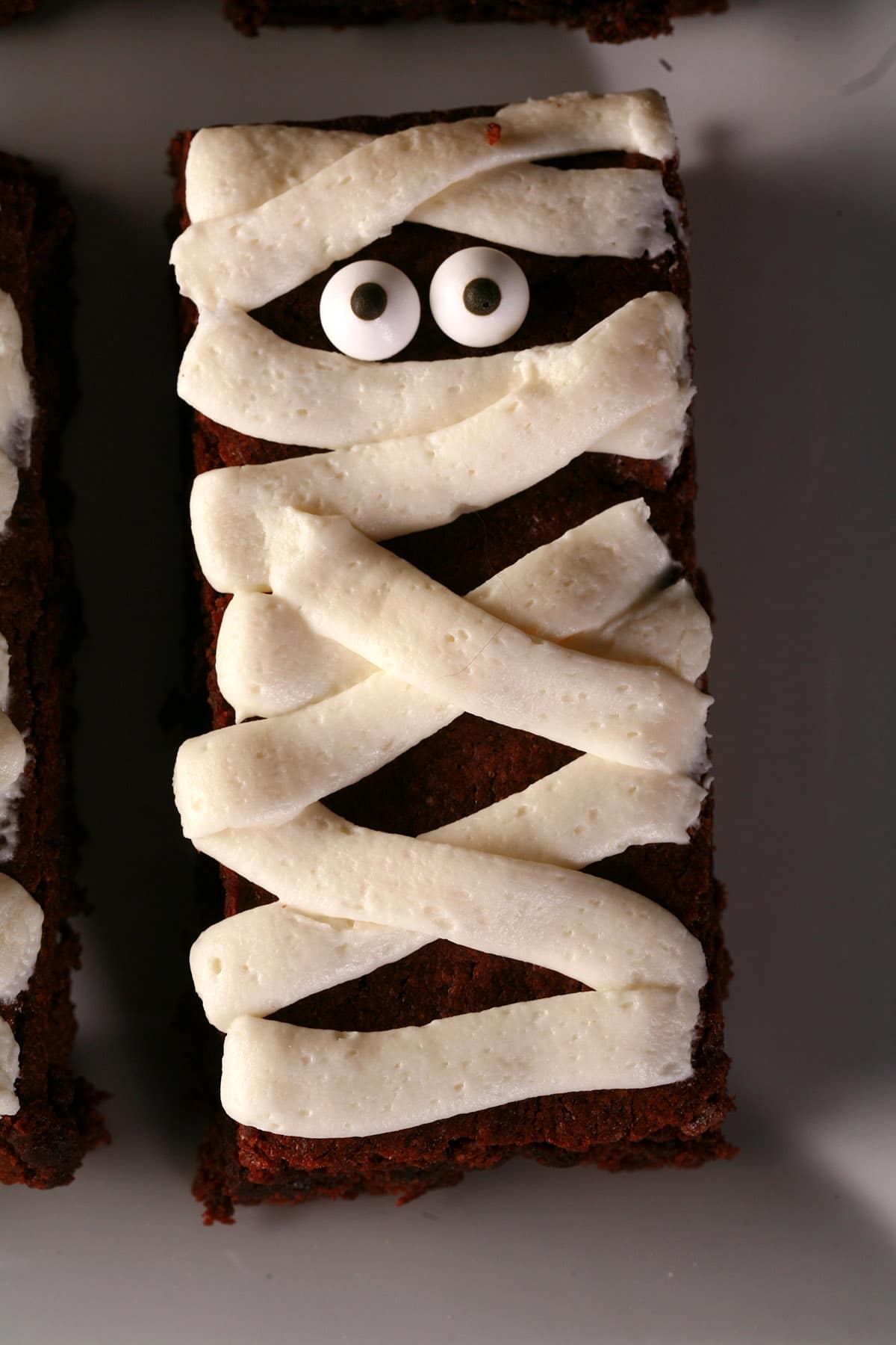 A single Halloween brownie iced to look like a mummy.