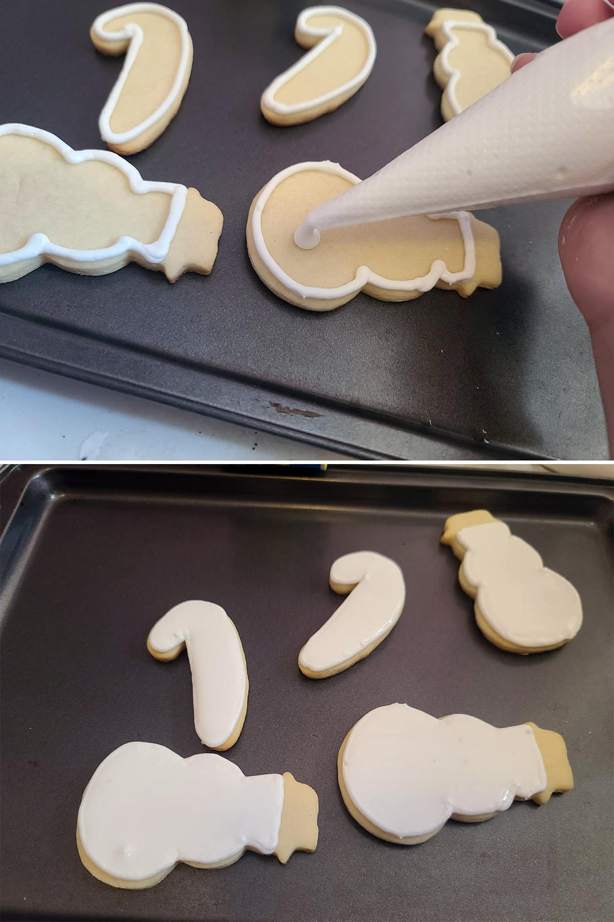 Cookie decorating in progress - outlined cookies being filled in with white royal icing.