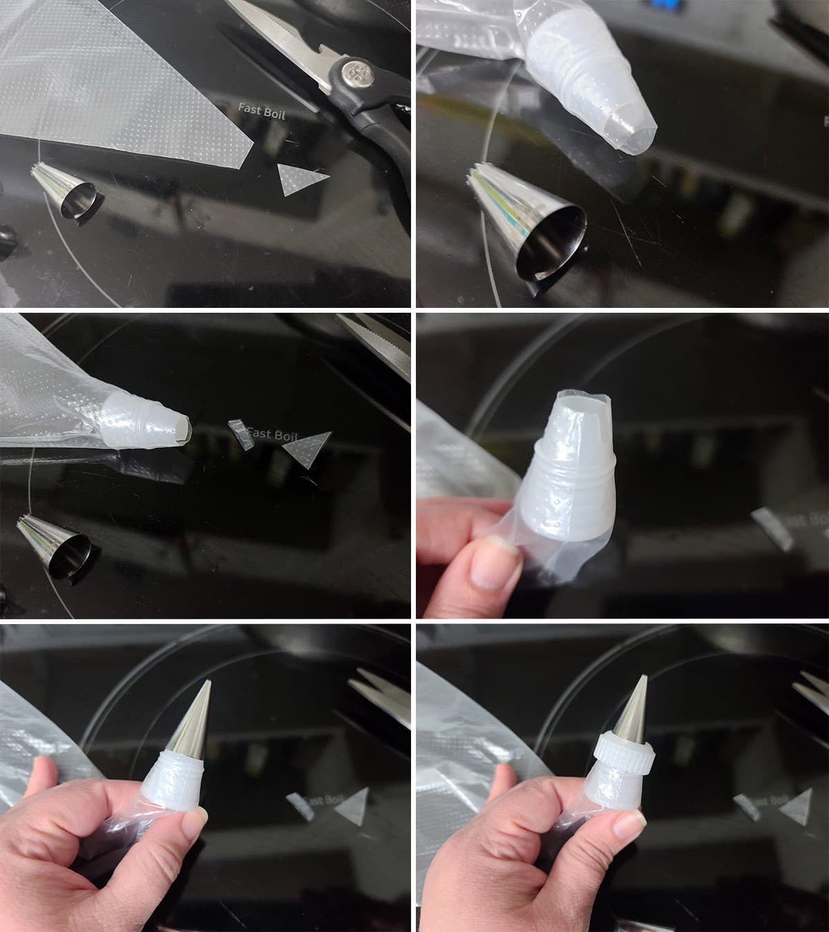 A 6 part image showing how to use a decorating tip and coupler with a pastry bag.