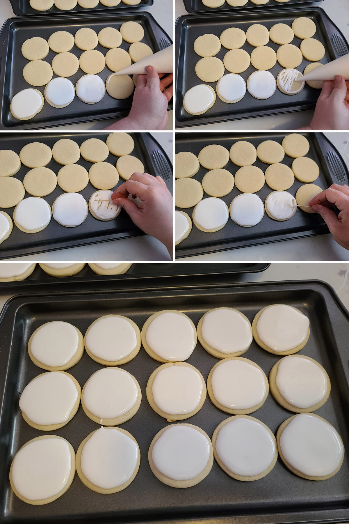 A 5 part image showing royal icing being piped out into smooth round circles on each cookie.