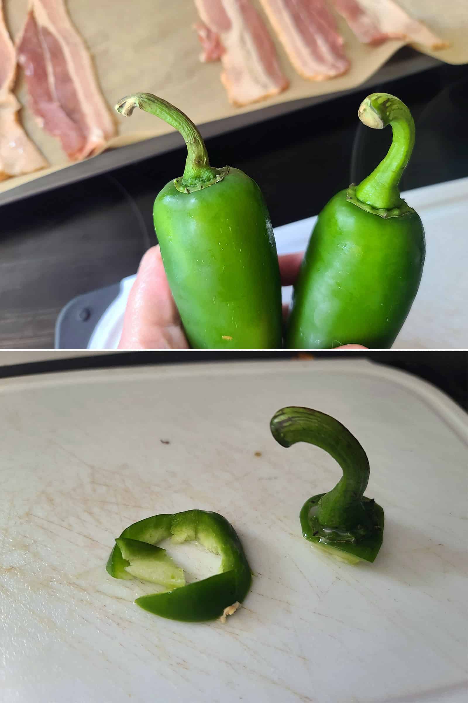 A 2 part image showing a hand holding 2 jalapenos, and the stem of one on a cutting board.