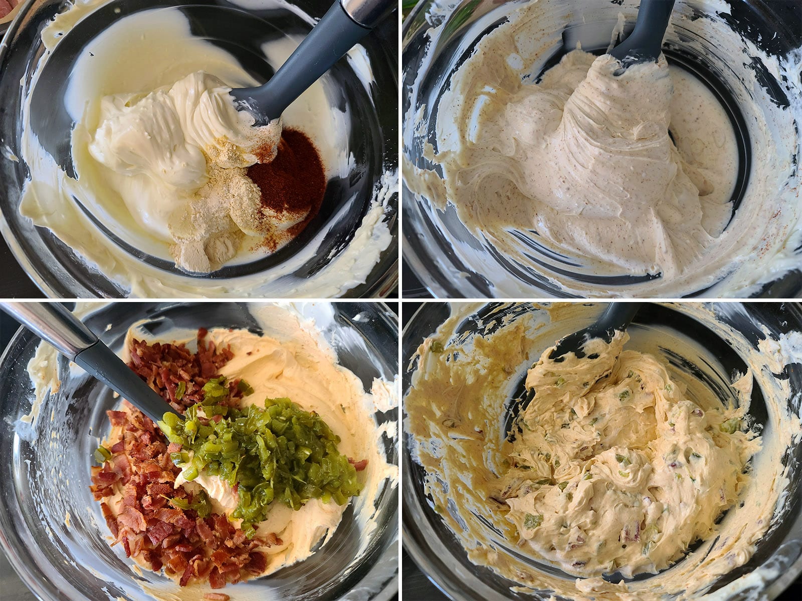 A 4 part image showing the cream cheese being seasoned and mixed with the bacon and jalapenos.