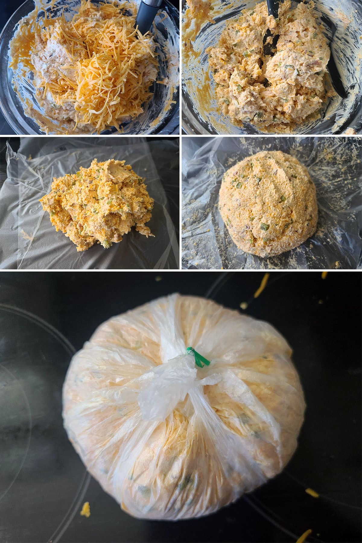 A 5 part image showing shredded cheese being added to the cream cheese mixture, then formed into a ball.