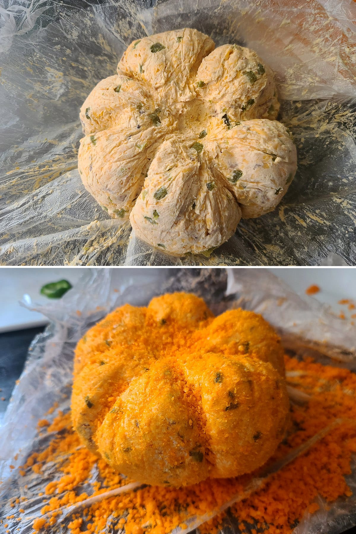 A 2 part image showing the chilled cheese ball being coated in Cheezies dust.