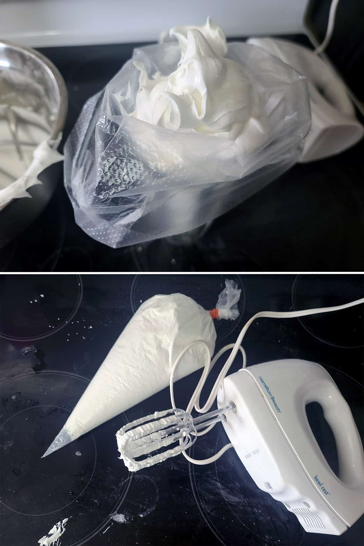 A 2 part image showing meringue powder royal icing being transferred to a pastry bag.