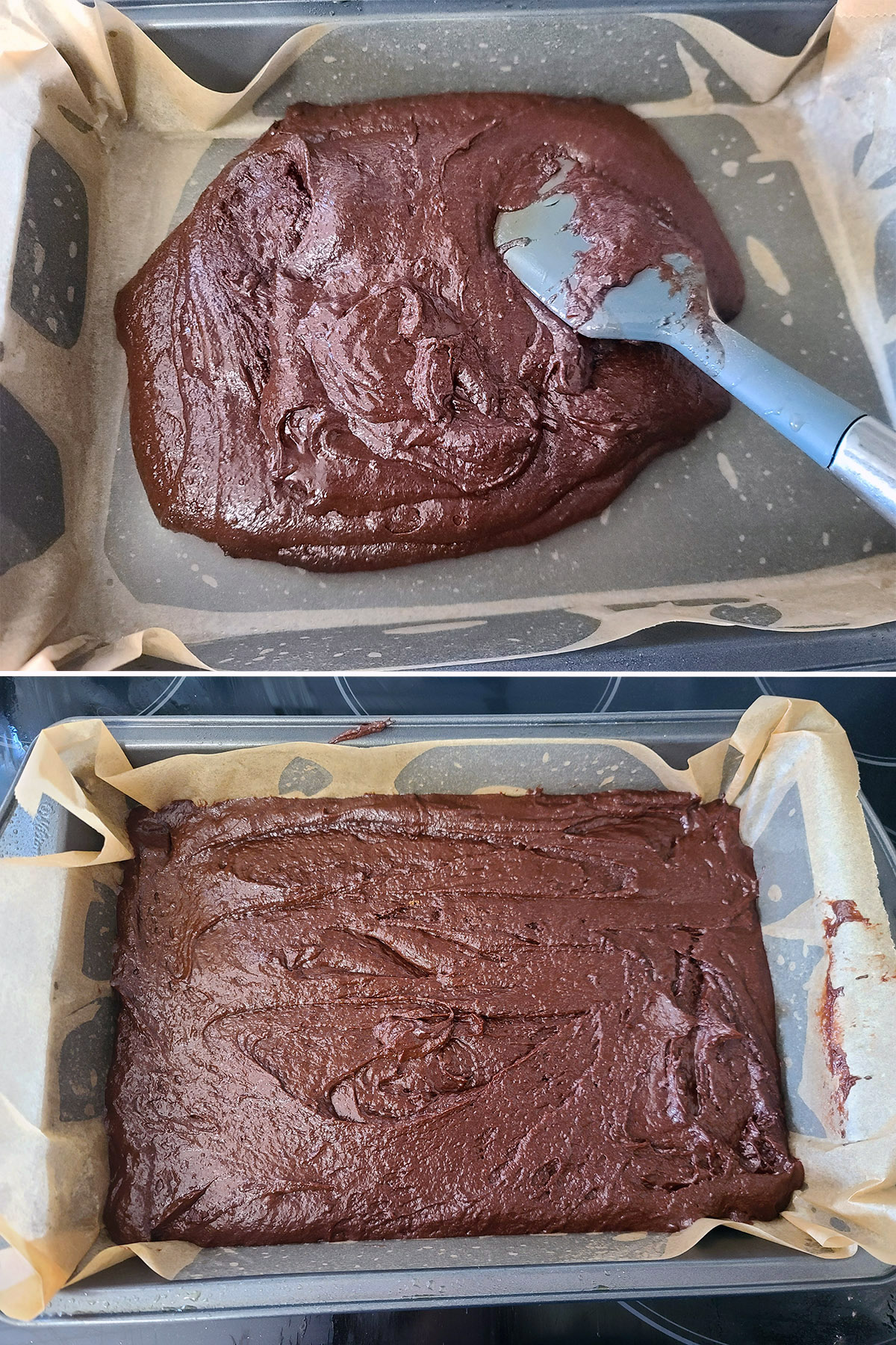 A 2 part image showing the brownie batter being spread in the prepared pan.