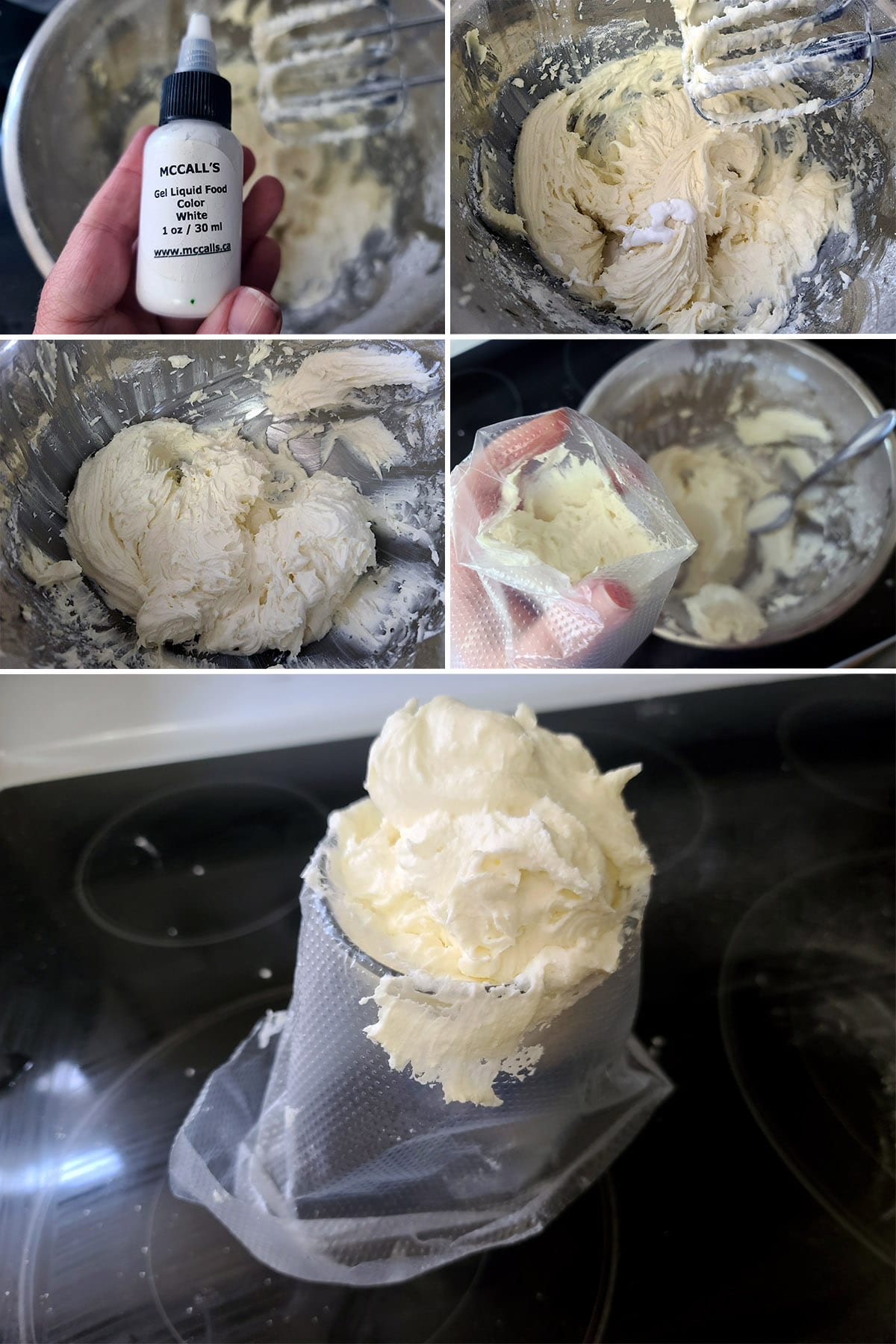 A 5 part image showing the frosting being dyed white and spooned into a pastry bag.