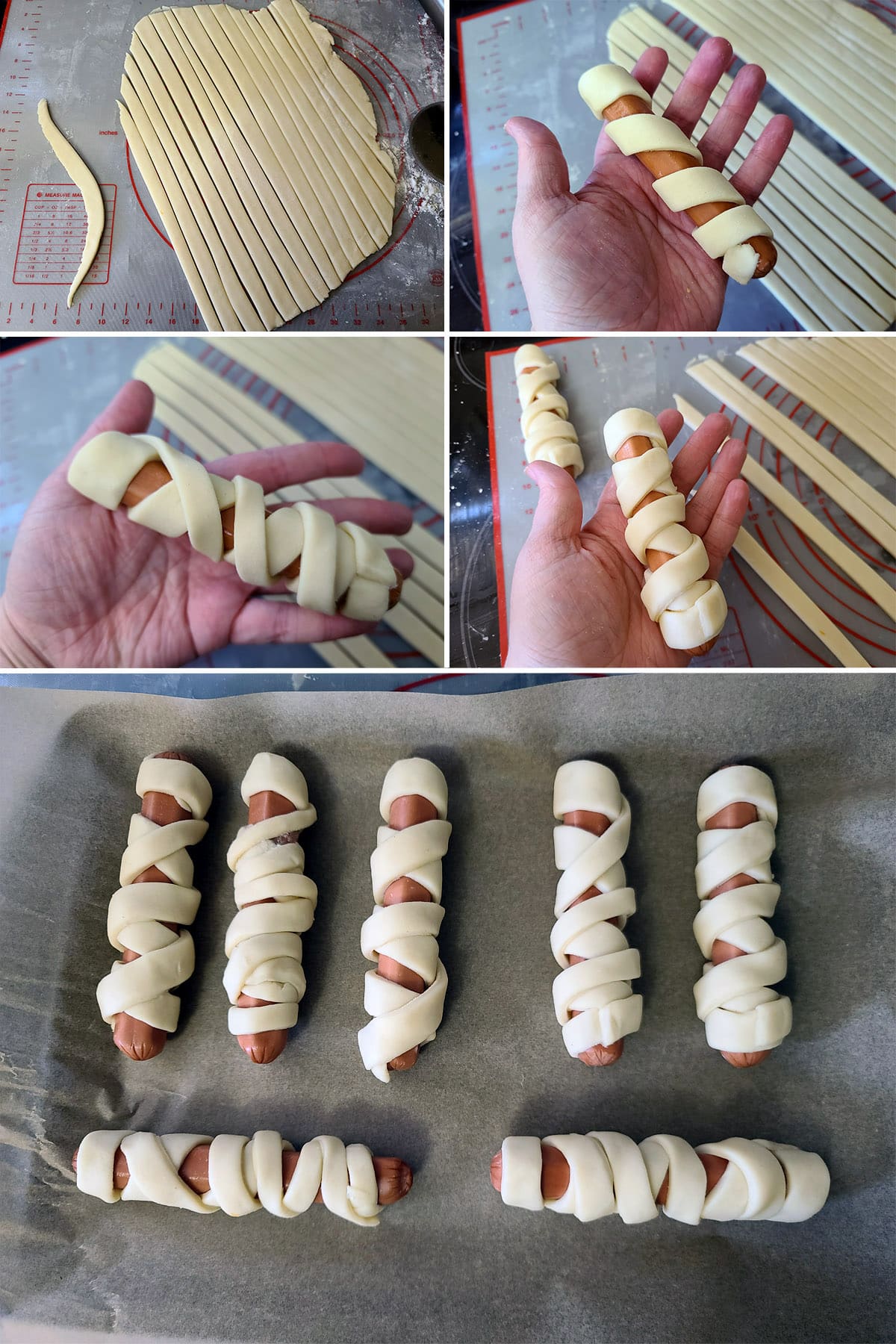 A 5 part image showing the dough being cut into strips and wrapped about the weiners.