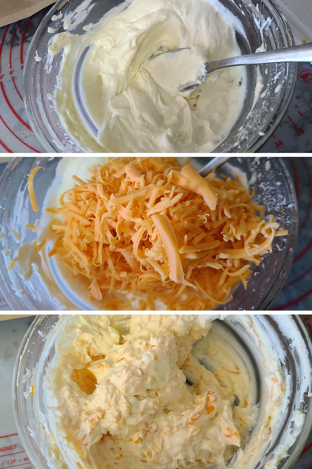 A 3 part image showing the cream cheese and cheddar filling being made.