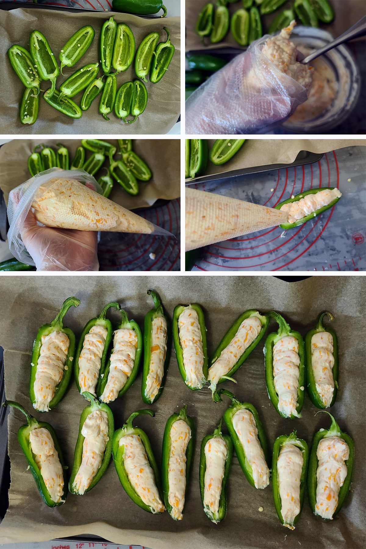 A 5 part image showing the jalapeno halves being piped with filling.
