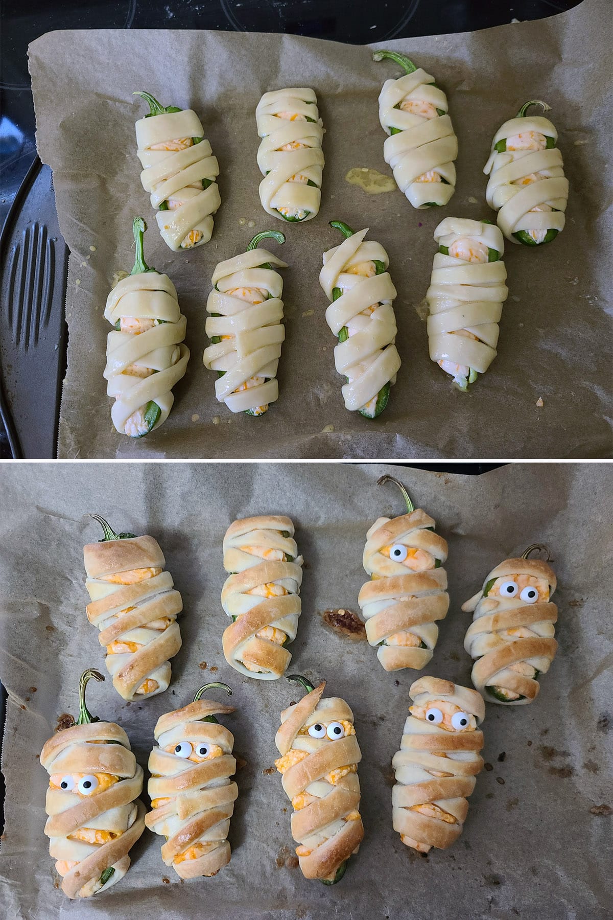 A 2 part image showing a pan of mummy jalapeno poppers, before and after baking.