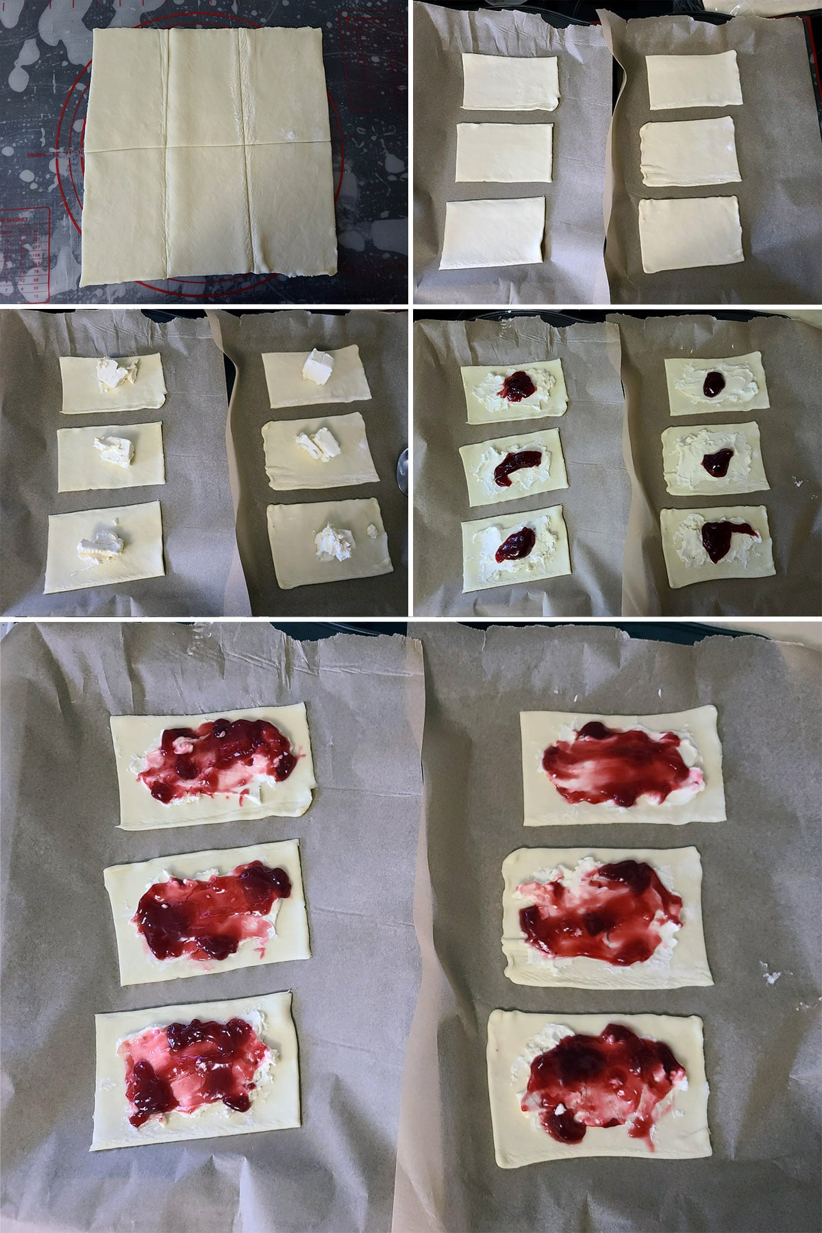 A 5 part image showing the pastry sheet cut and the pieces covered with cream cheese and jam.