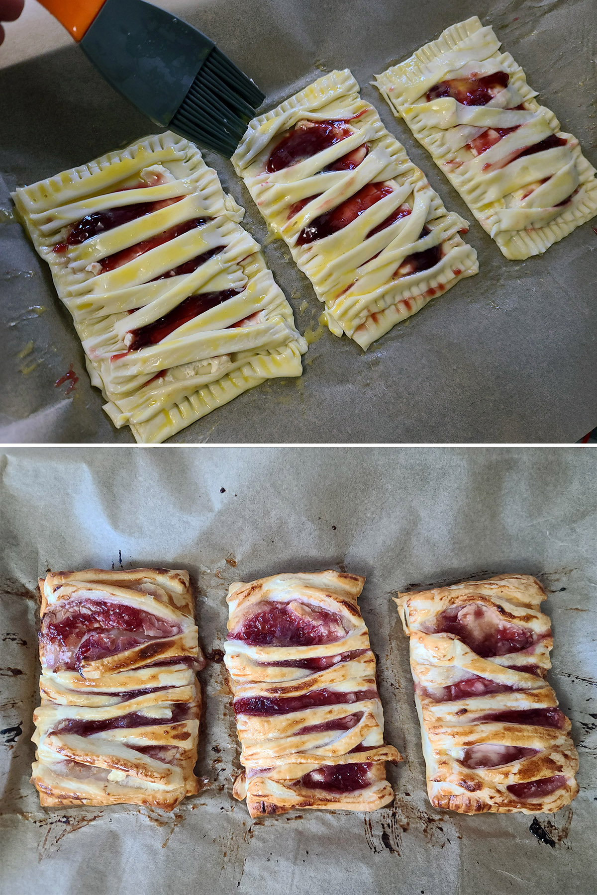 A two part image showing the mummy pastries before and after baking.