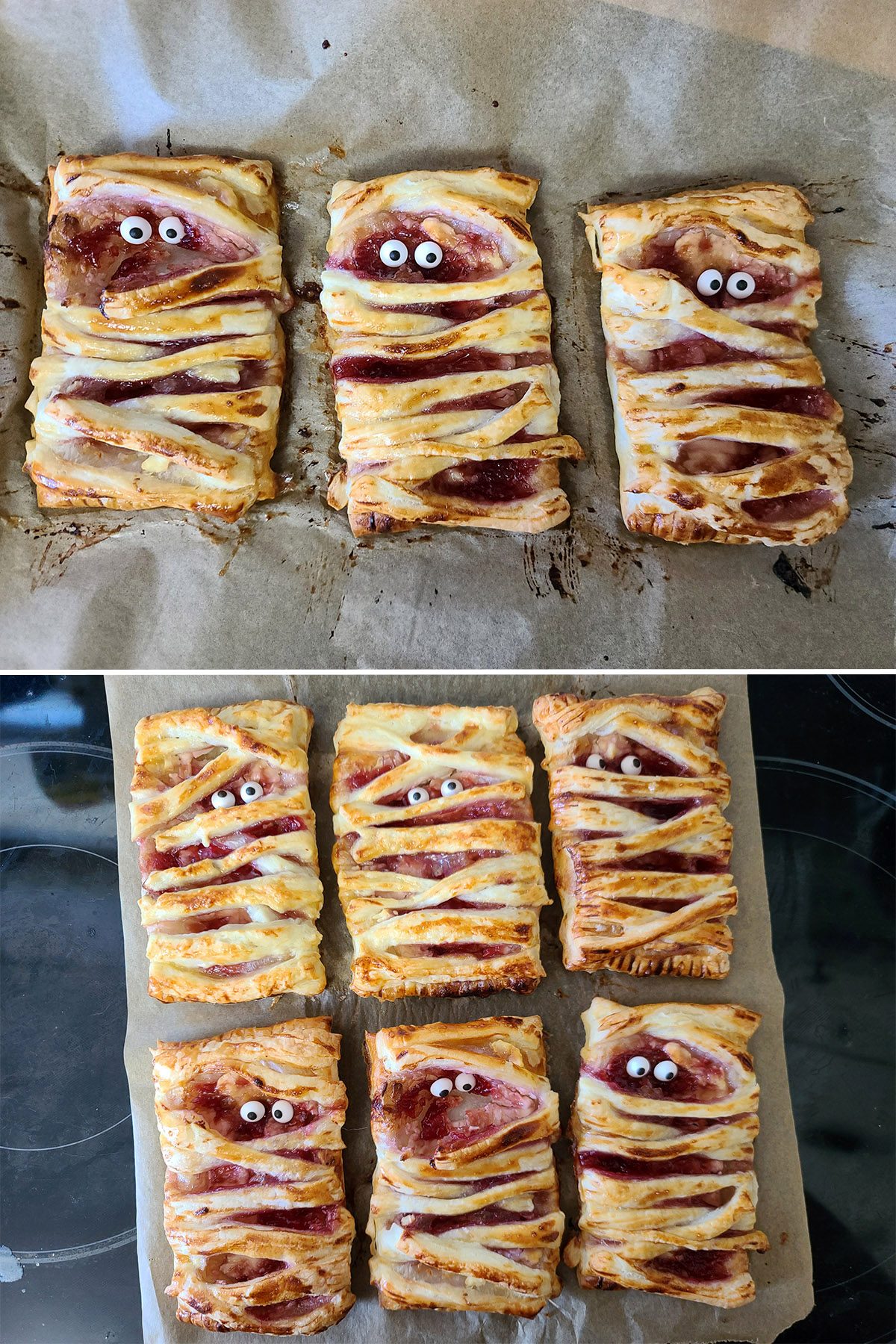 The mummy pastries with candy eyeballs in place.