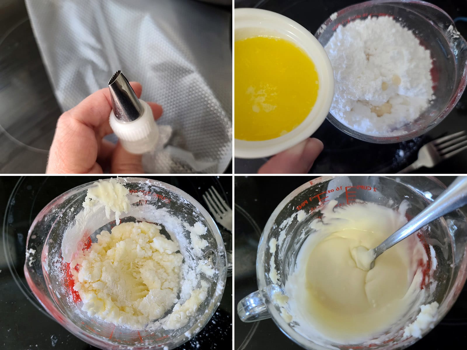 A 4 part image showing the frosting being mixed together.