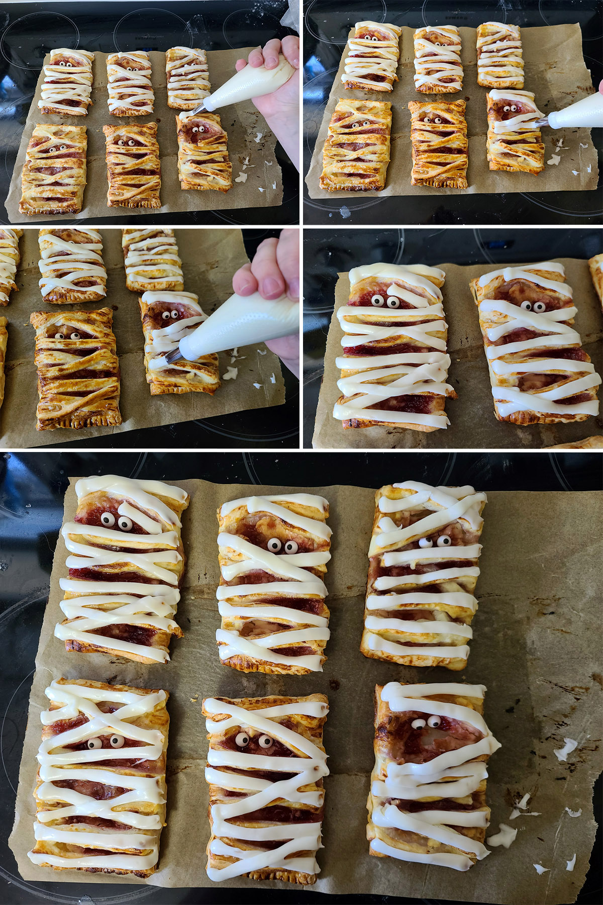 A five part image showing the glaze being piped onto the mummy pastries.