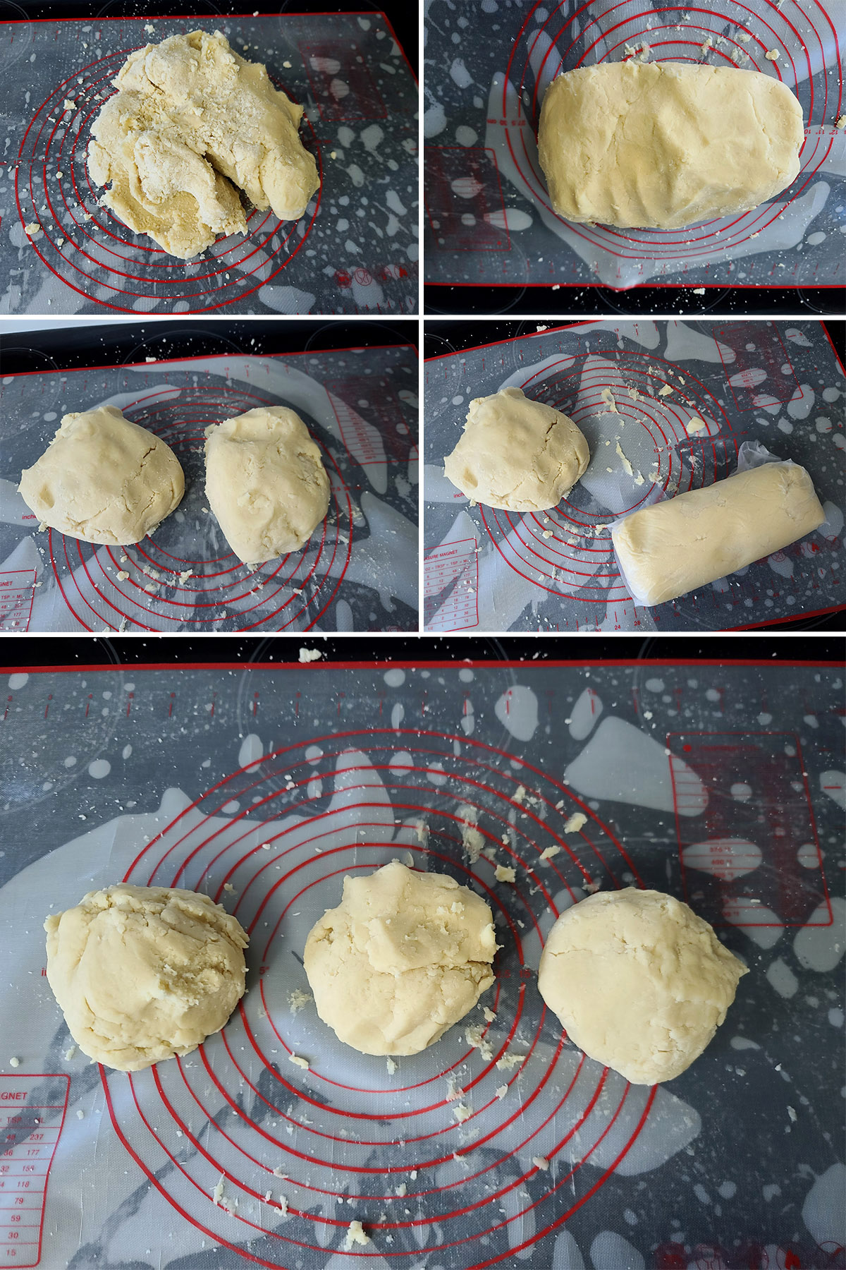 A 5 part image showing the cookie dough being mashed together and divided out in half, then 3 pieces.
