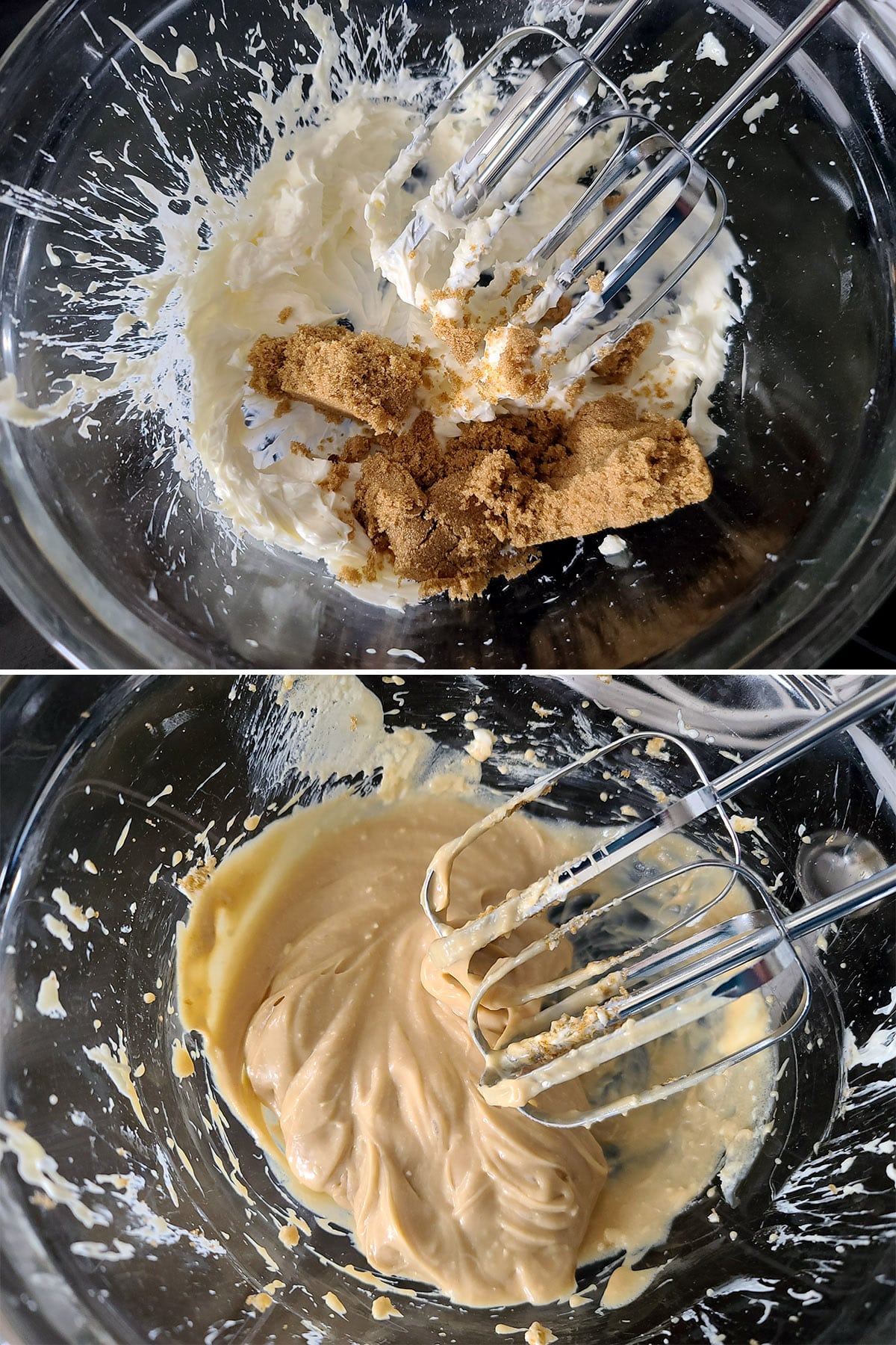 A 2 part image showing brown sugar and cream cheese being beaten together.