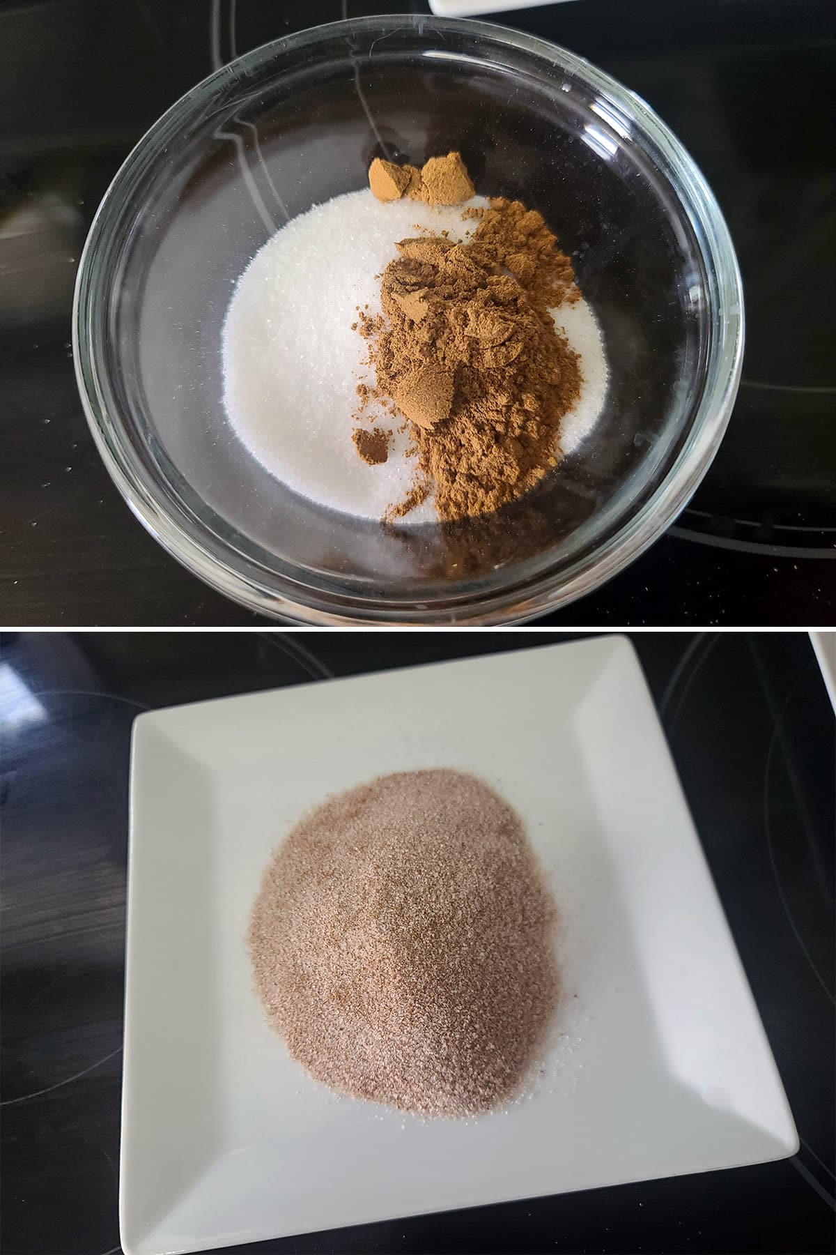 A 2 part image showing pumpkin pie spice and sugar being mixed together and spread on a small plate.