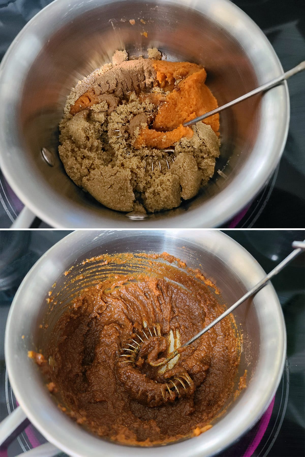 A two part image showing pumpkin puree, brown sugar, and spices being whisked together in a small pot.