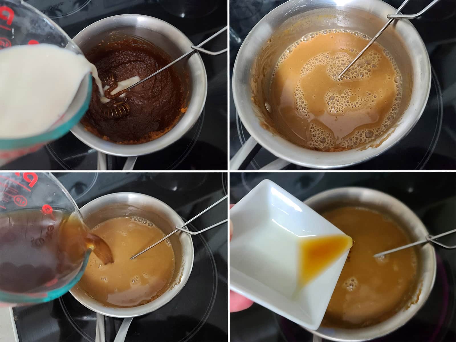 A 4 part image showing almond milk, coffee, and vanilla being added to the small pot.