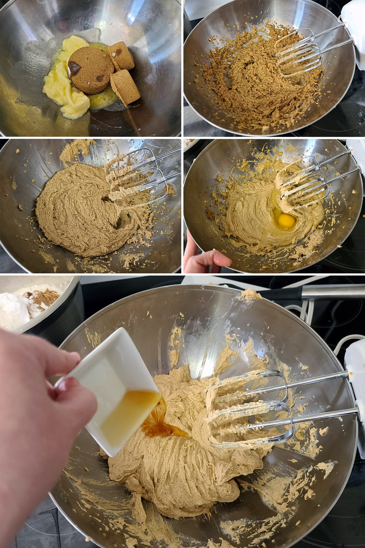 A 5 part image showing the butter and brown sugar being creamed and the other wet ingredients mixed in.