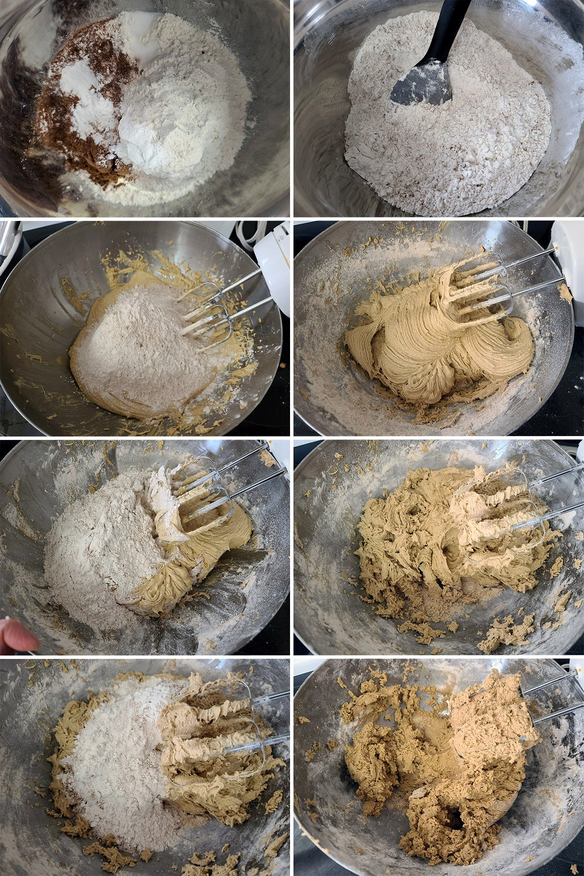 A 5 part image showing the dry ingredients being mixed and added to the bowl, a bit at a time.