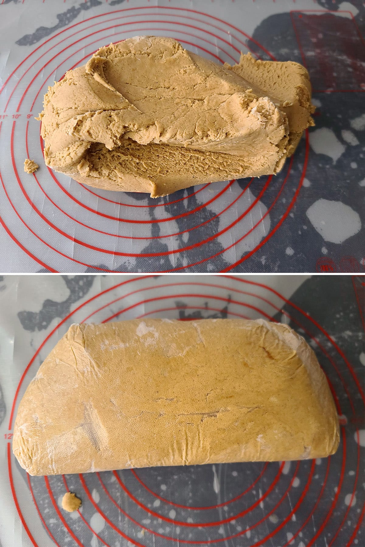 The smooth light brown dough in a ball, before and after being wrapped in plastic.
