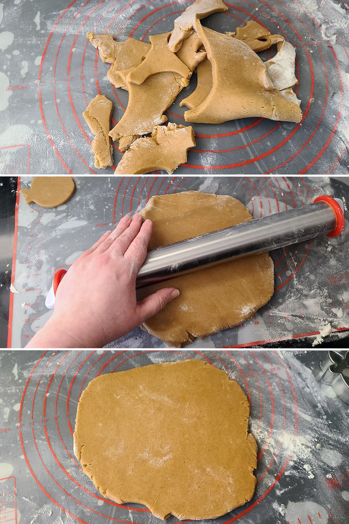 A 3 part image showing the dough scraps being brought back into a ball and rolled out.