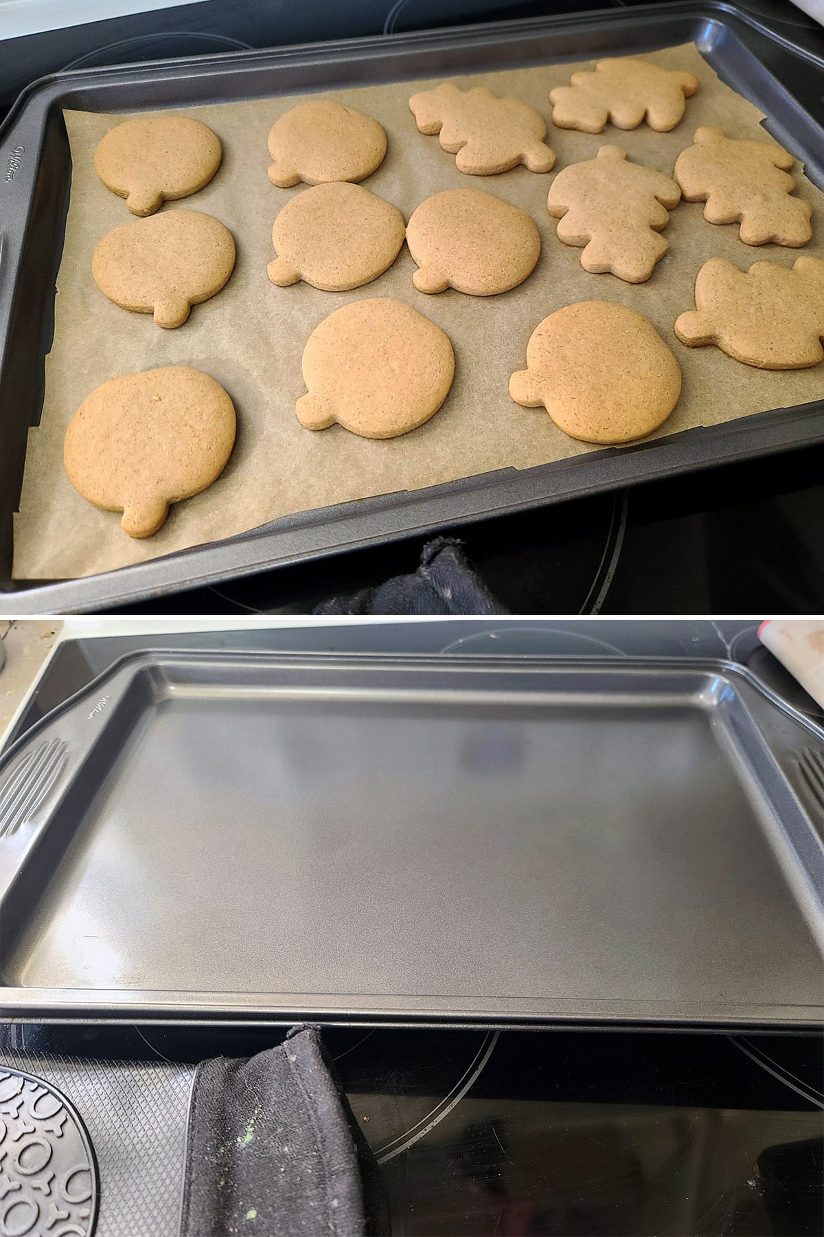 A two part image showing a pan of hot cookies being flattened with a second pan.