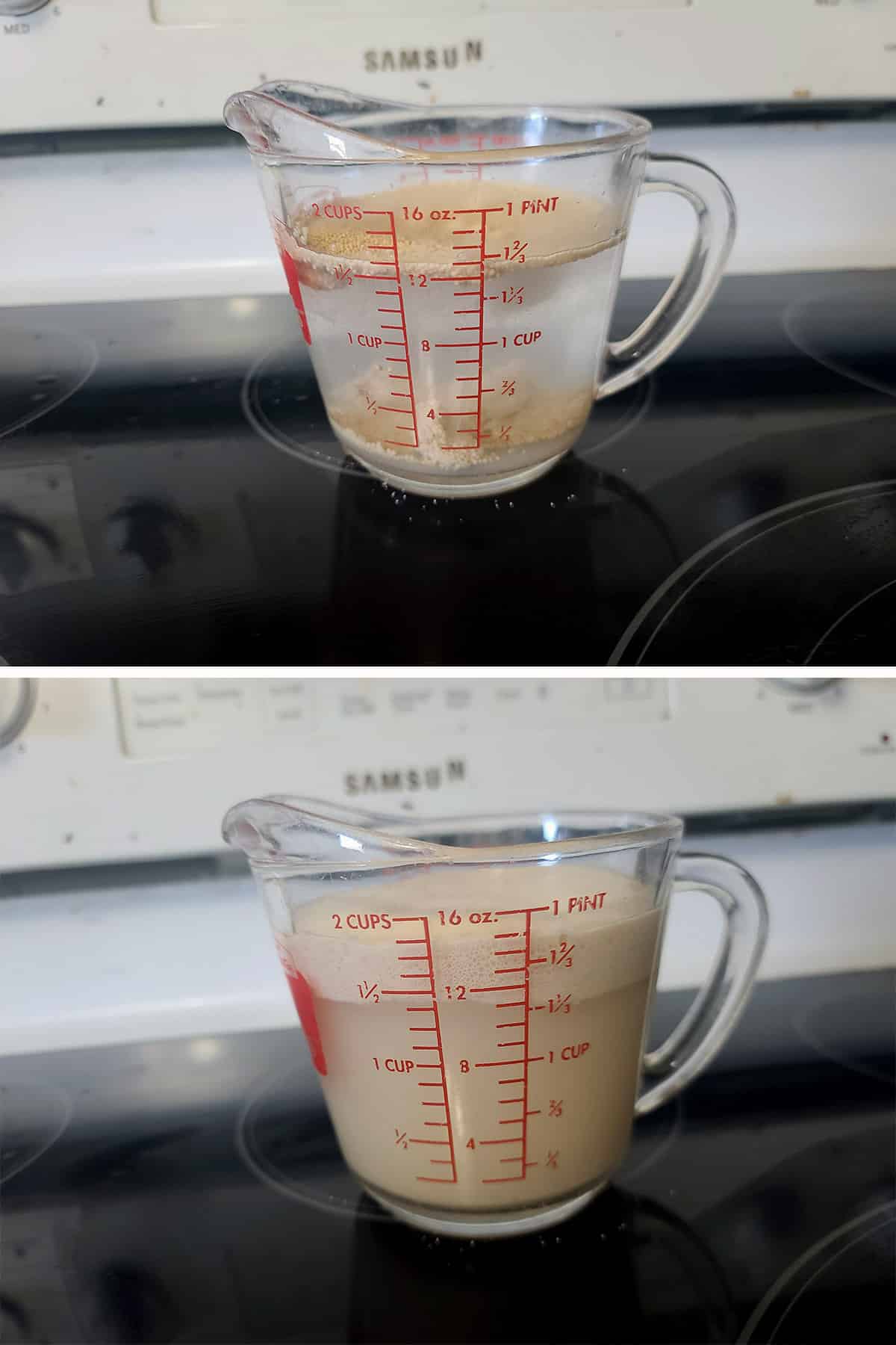 A 2 part image showing yeast and water in a measuring cup, before and after the yeast foamed up.