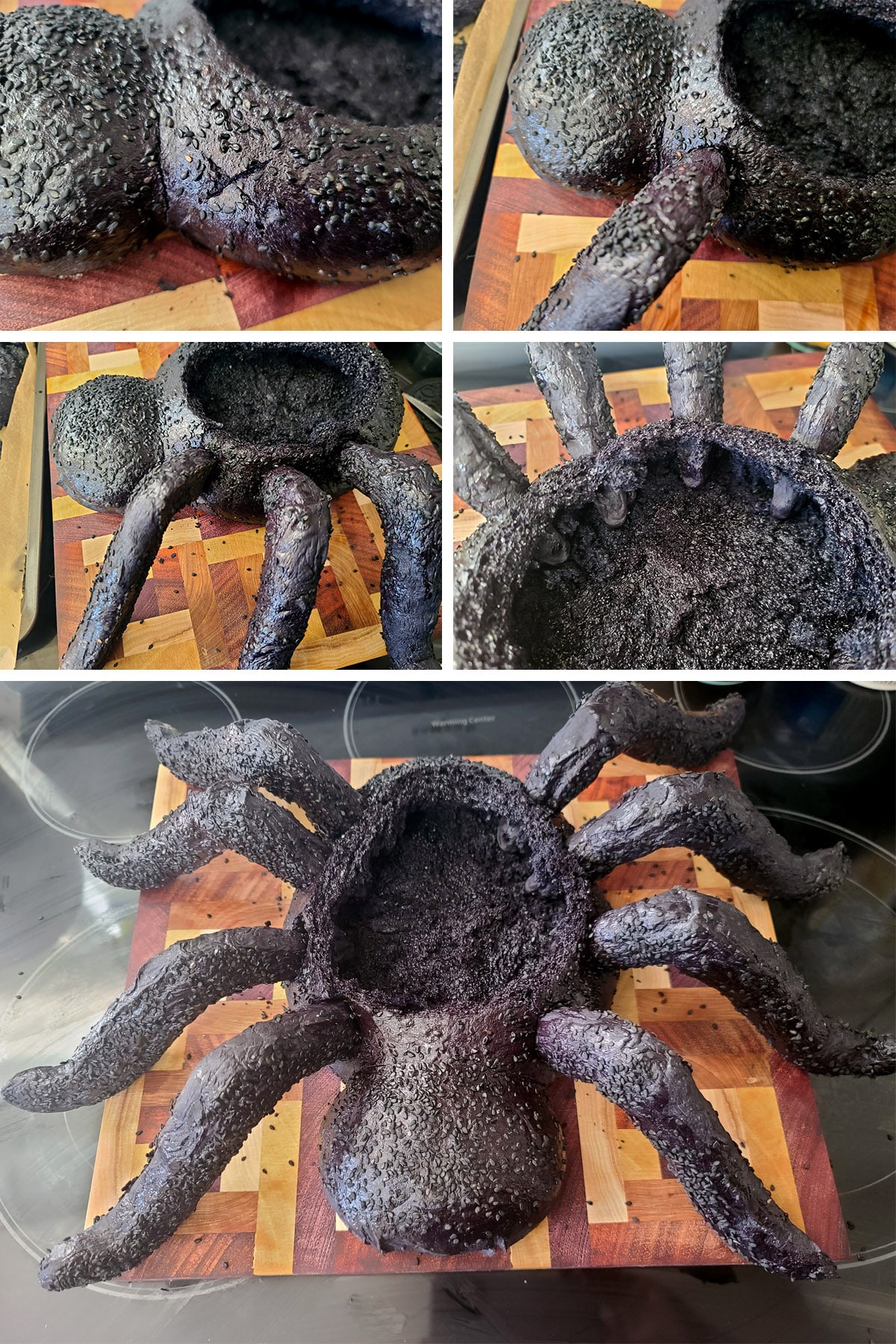 A 5 part image showing the legs being attached to the body of the spider bread bowl.