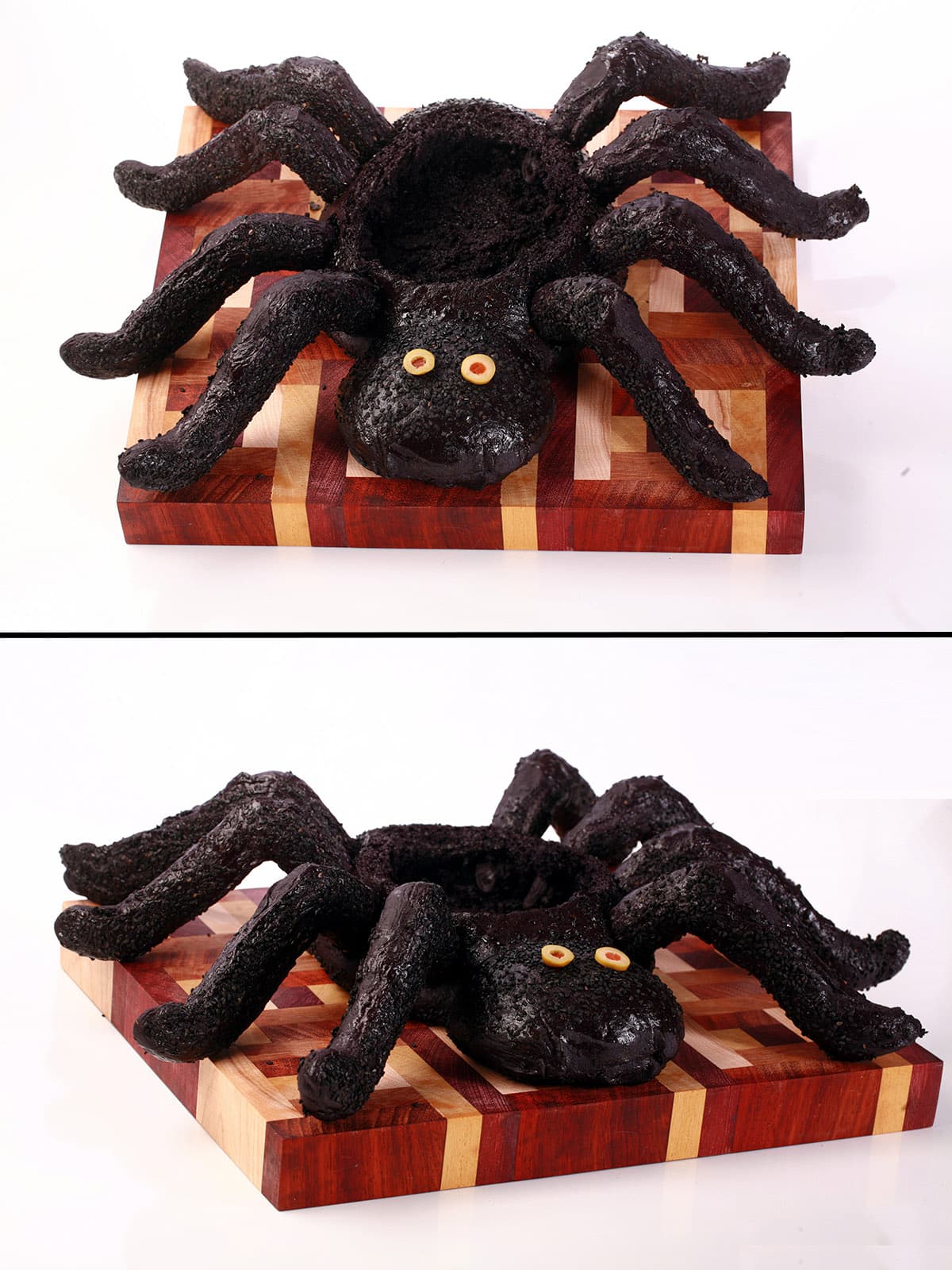 A 2 part image showing the completed spider bread bowl from front and overhead views.