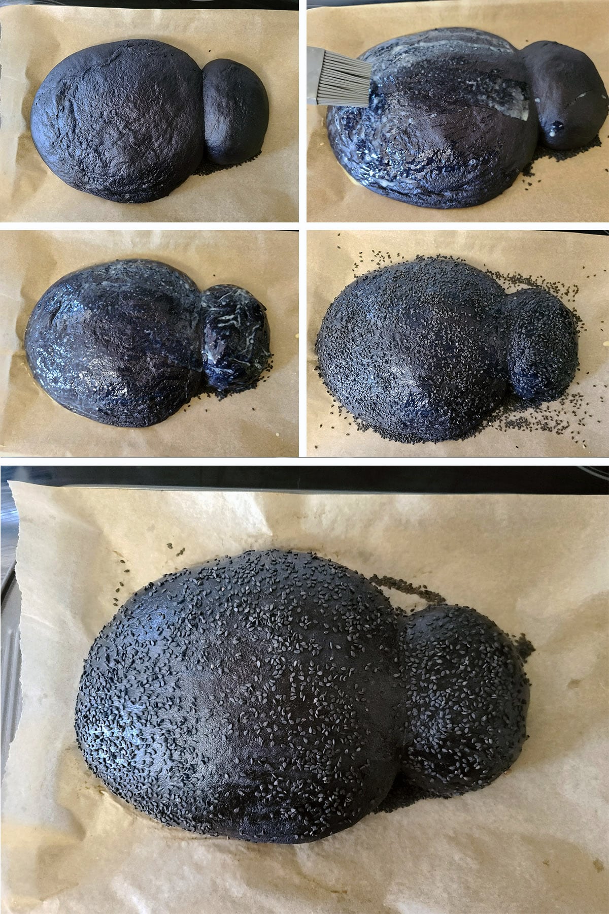 A 5 part image showing the spider head and body before and after rising again, then befing brushed with egg, coated in sesame seeds, and baked.