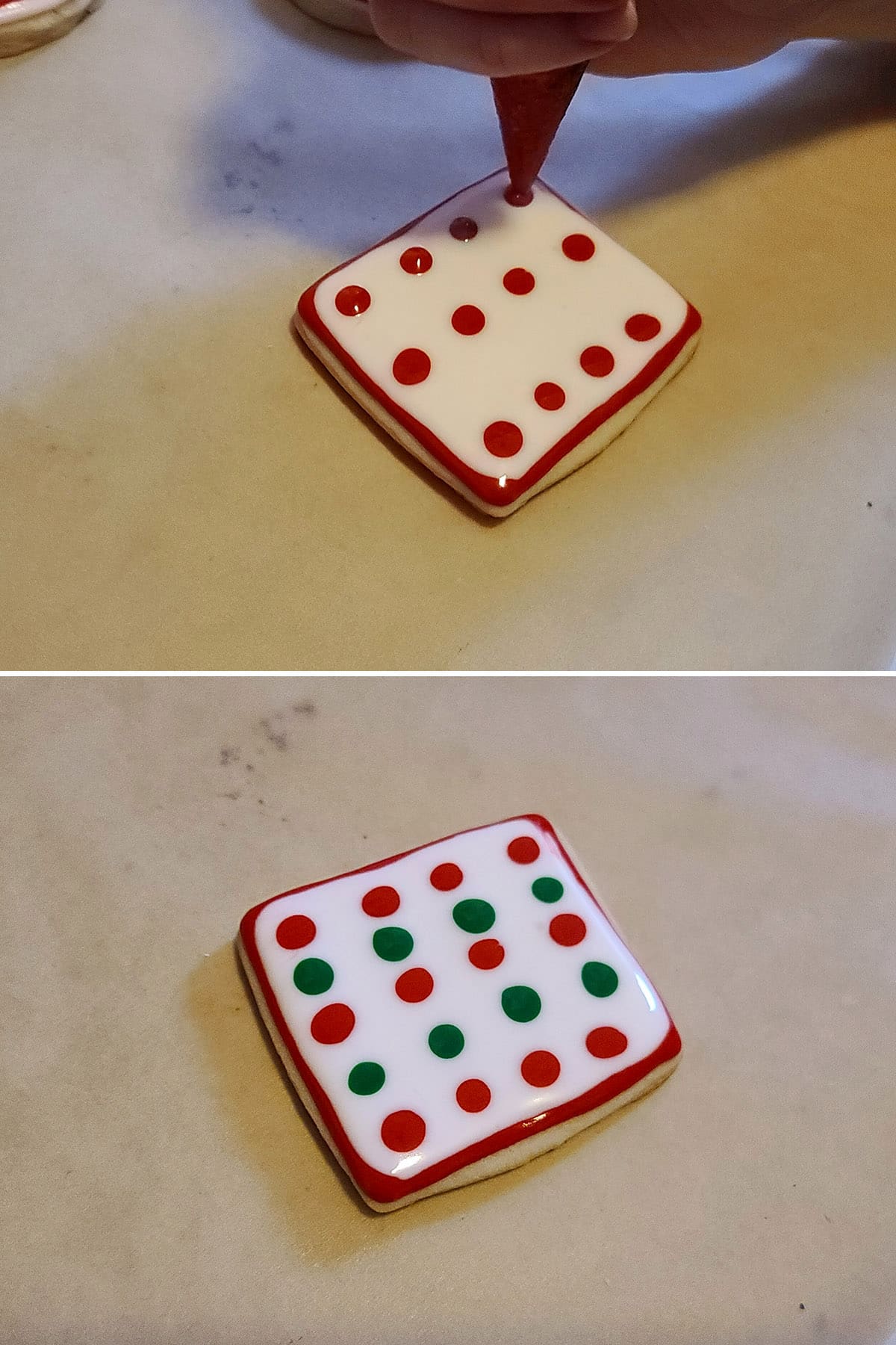 A two part image showing red and green dots piped on white cookies.