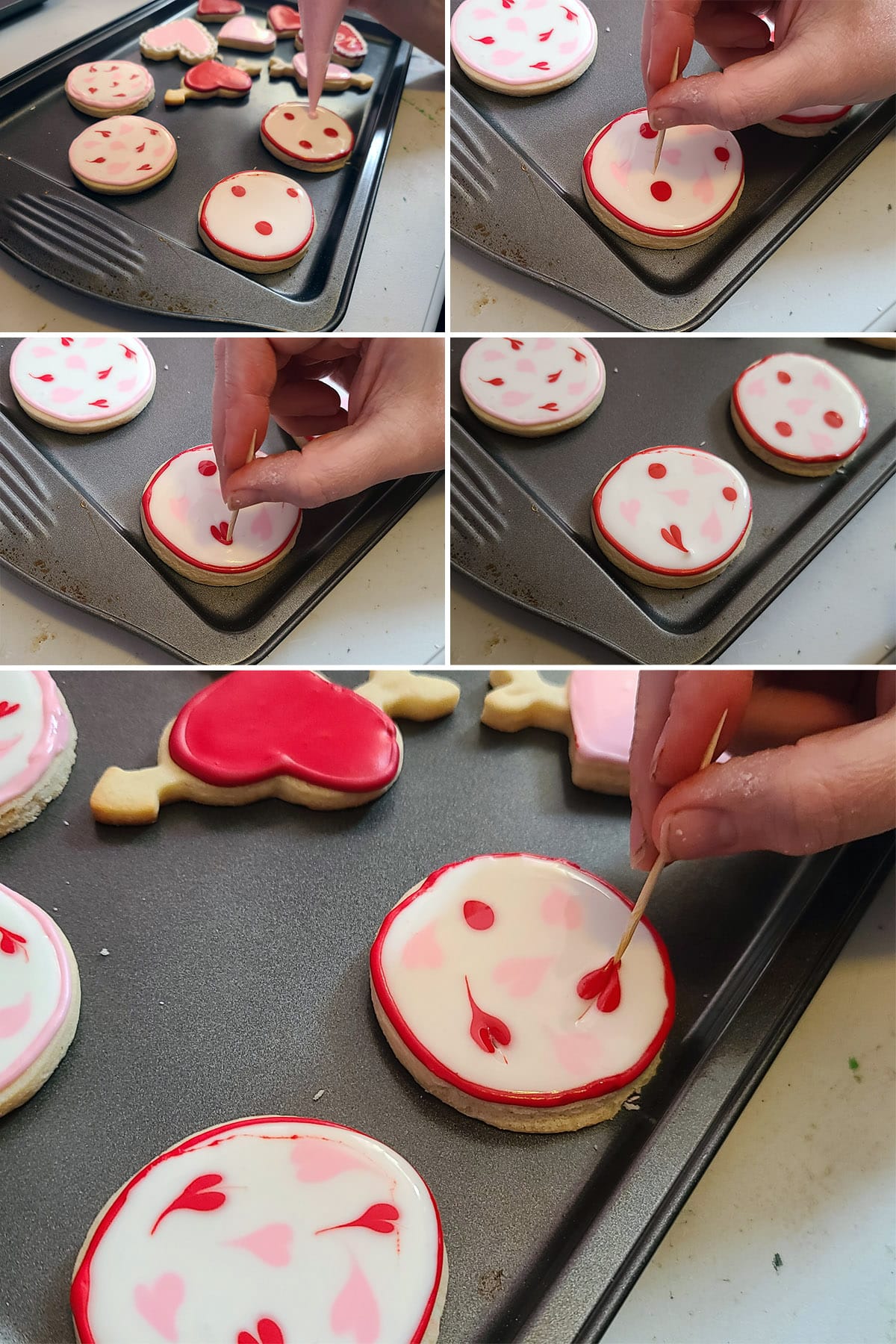A 5 part image showing the random pulled hearts cookie decorating technique.