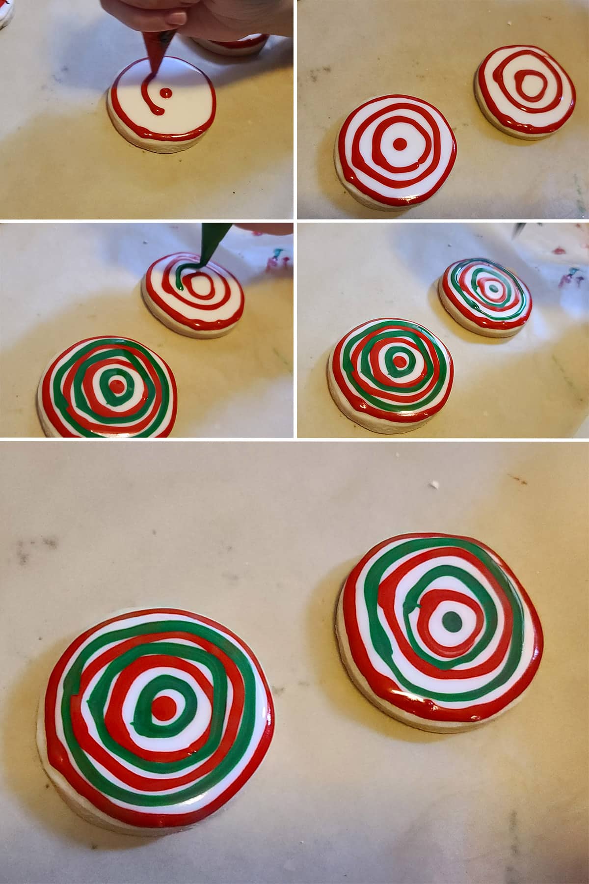 A 5 part image showing red and green concentric circles being piped onto a cookie that’s been frosted white.