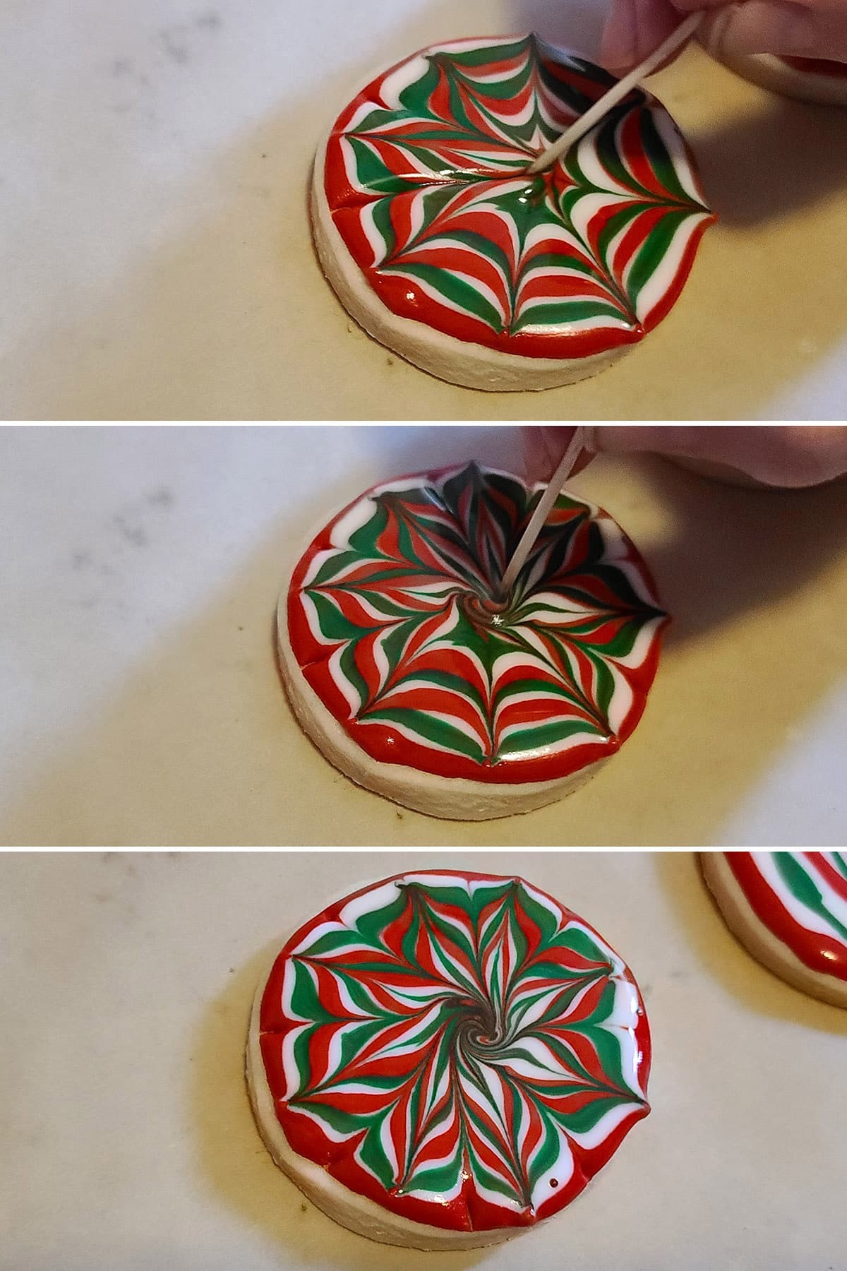 A 3 part image showing the outer edge of a starburst design cooking being dragged towards the center between each peak, forming a wavy starburst design.