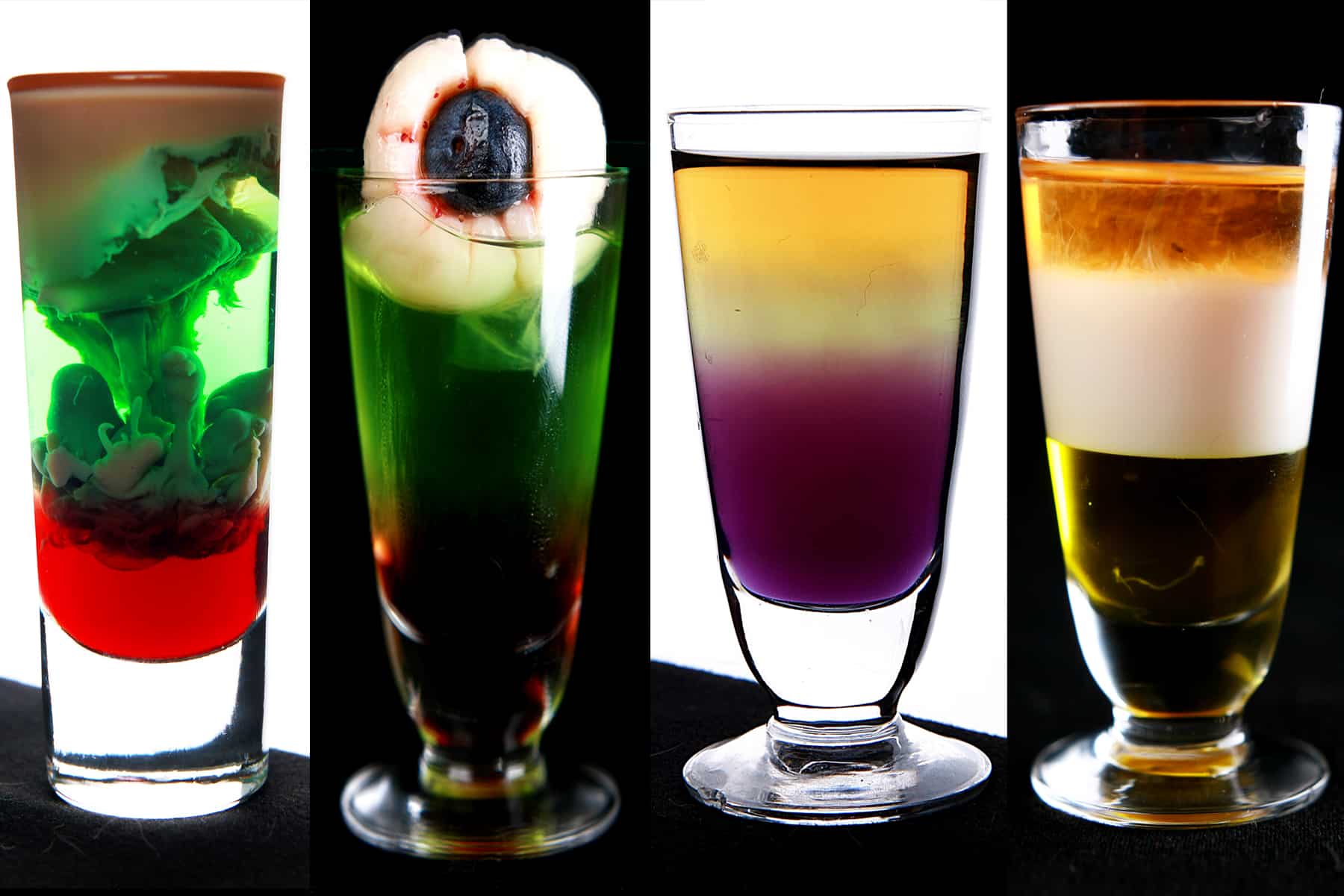 A row of 4 different Halloween shooters, each with layers of colors.