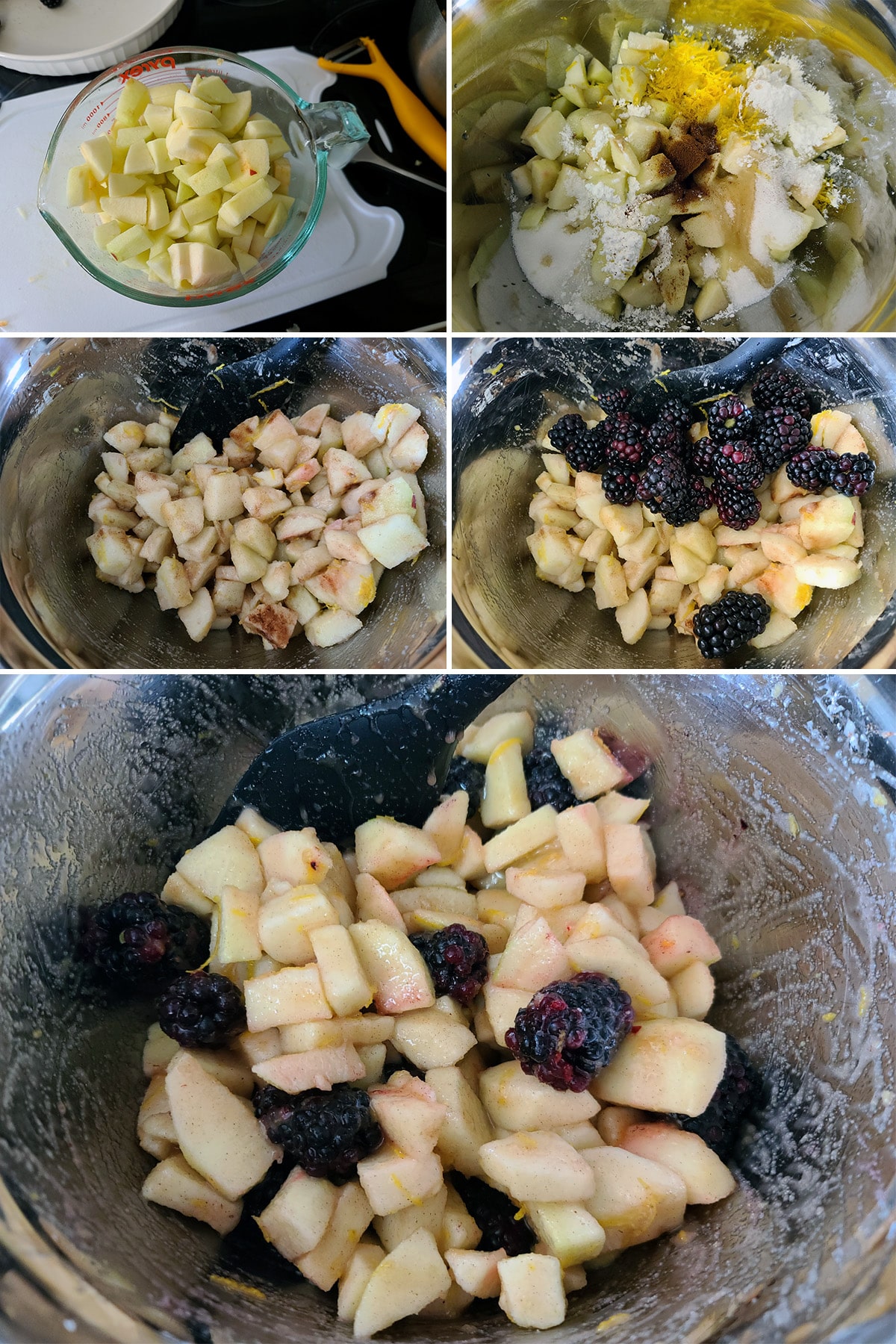 A 5 part image showing the apple and blackberry filling being mixed together.