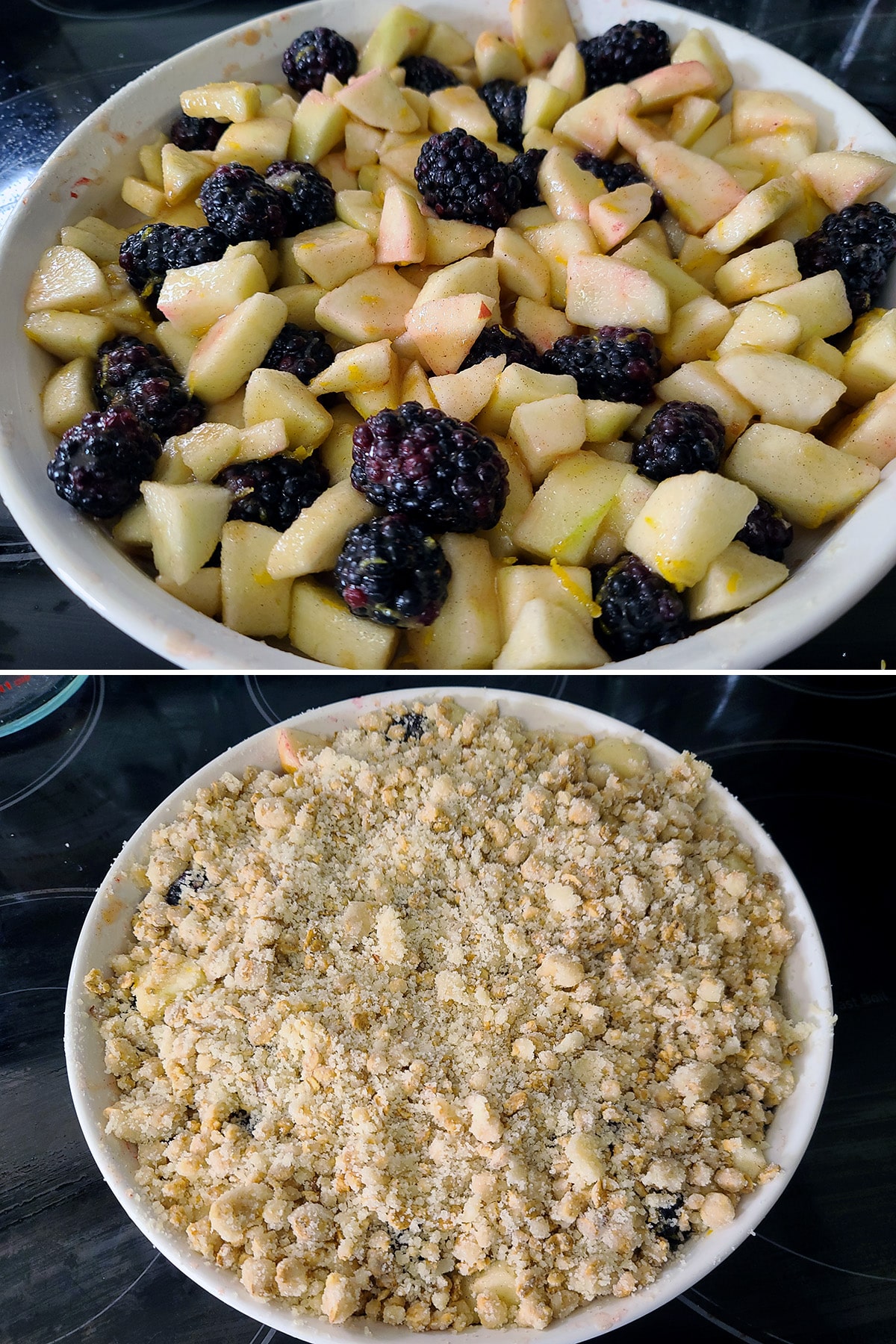A two part image showing the apple and blackberry filling being spread in a round pan, and topped with the granola crumble topping.