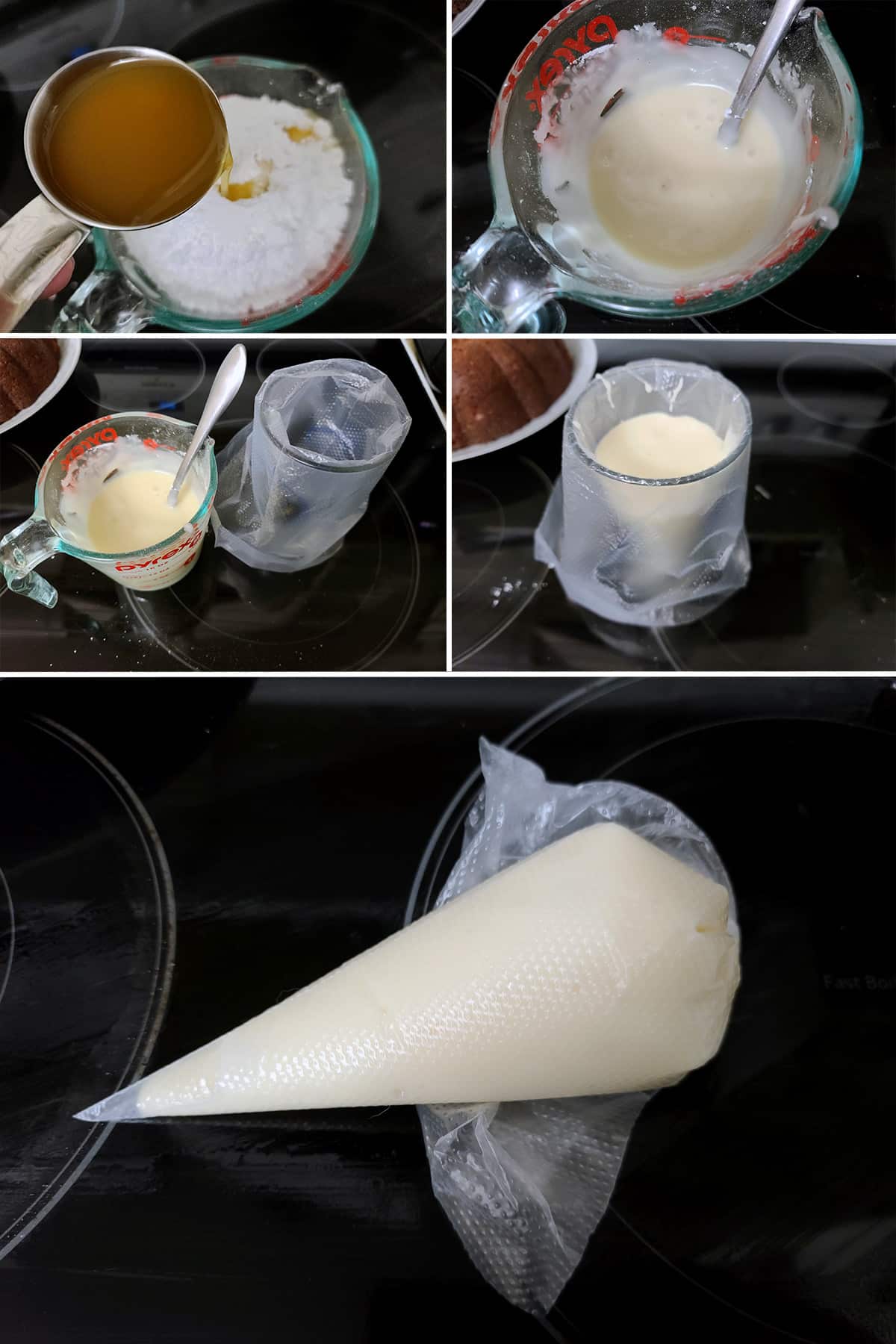 A 5 part image showing the apple cider icing being mixed and put into a pastry bag.