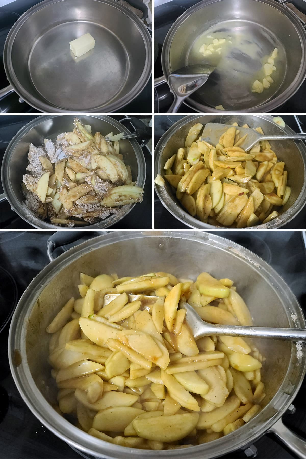 A 5 part image showing the seasoned apple slices being cooked in a large pan.