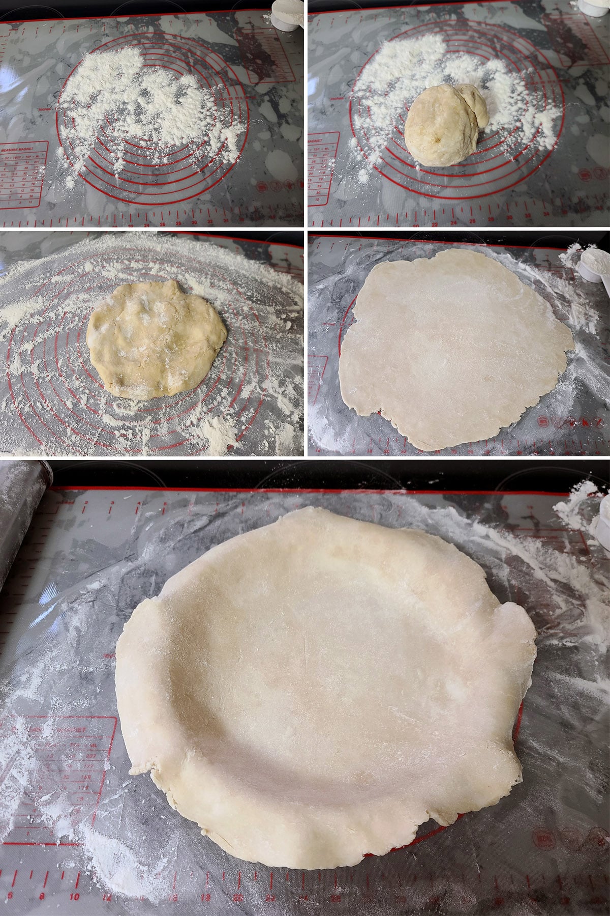 A 5 part image showing the pie crust being rolled out and placed in a lined pie plate.
