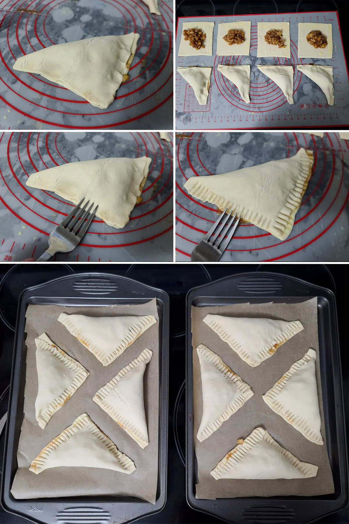 A 5 part image shownig the turnovers being folded, sealed, slits cut, and arranged on pans.