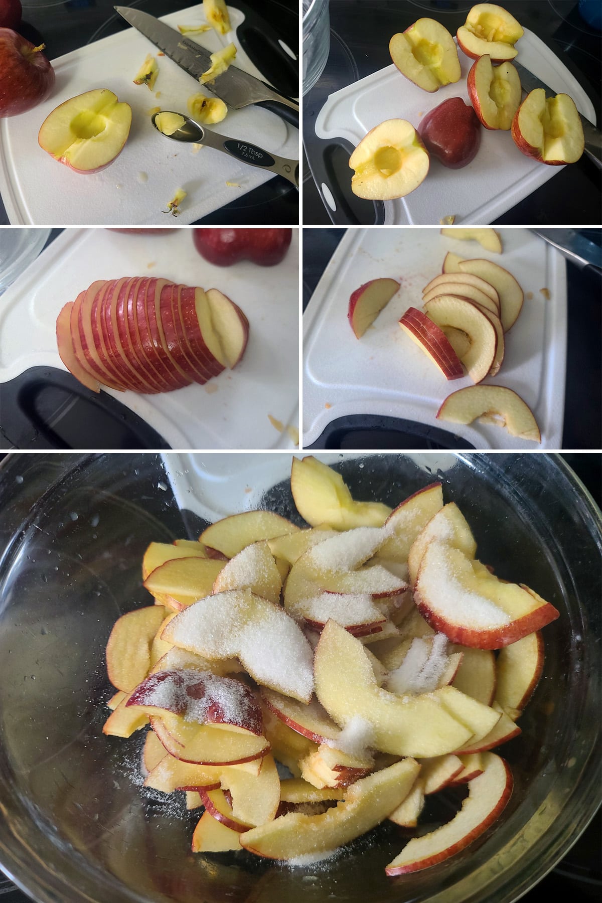 A 5 part image showing apples being cored, sliced, and tossed with sugar.