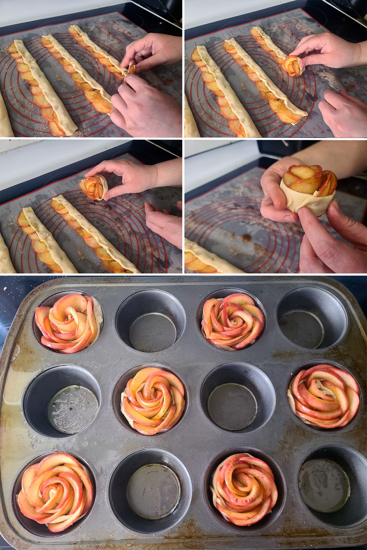 A 5 part image showing the apple pastry strips being rolled up into rose shapes and put into greased muffin tins.