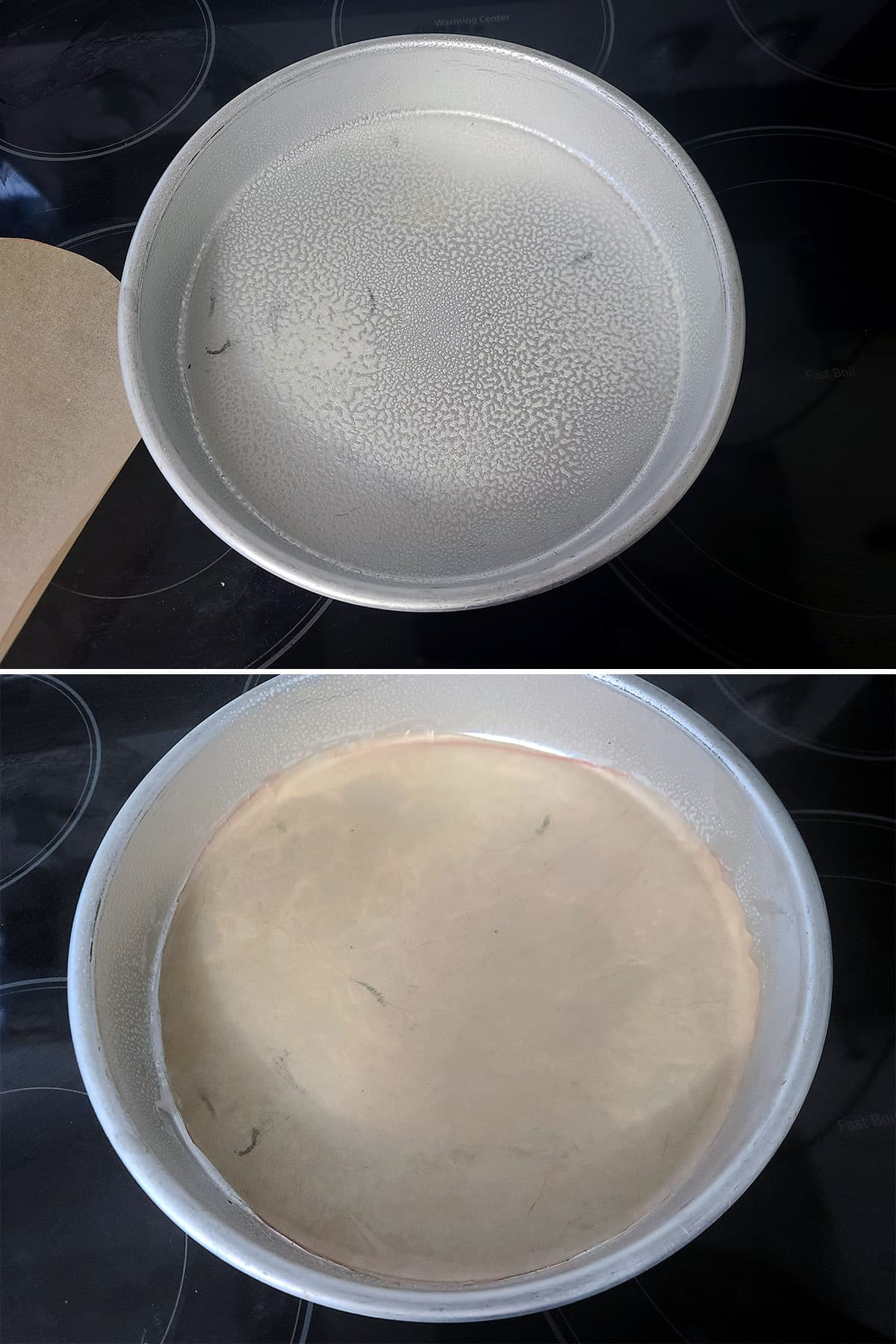 A 2 part image showing parchment being used to line the bottom of a pan.