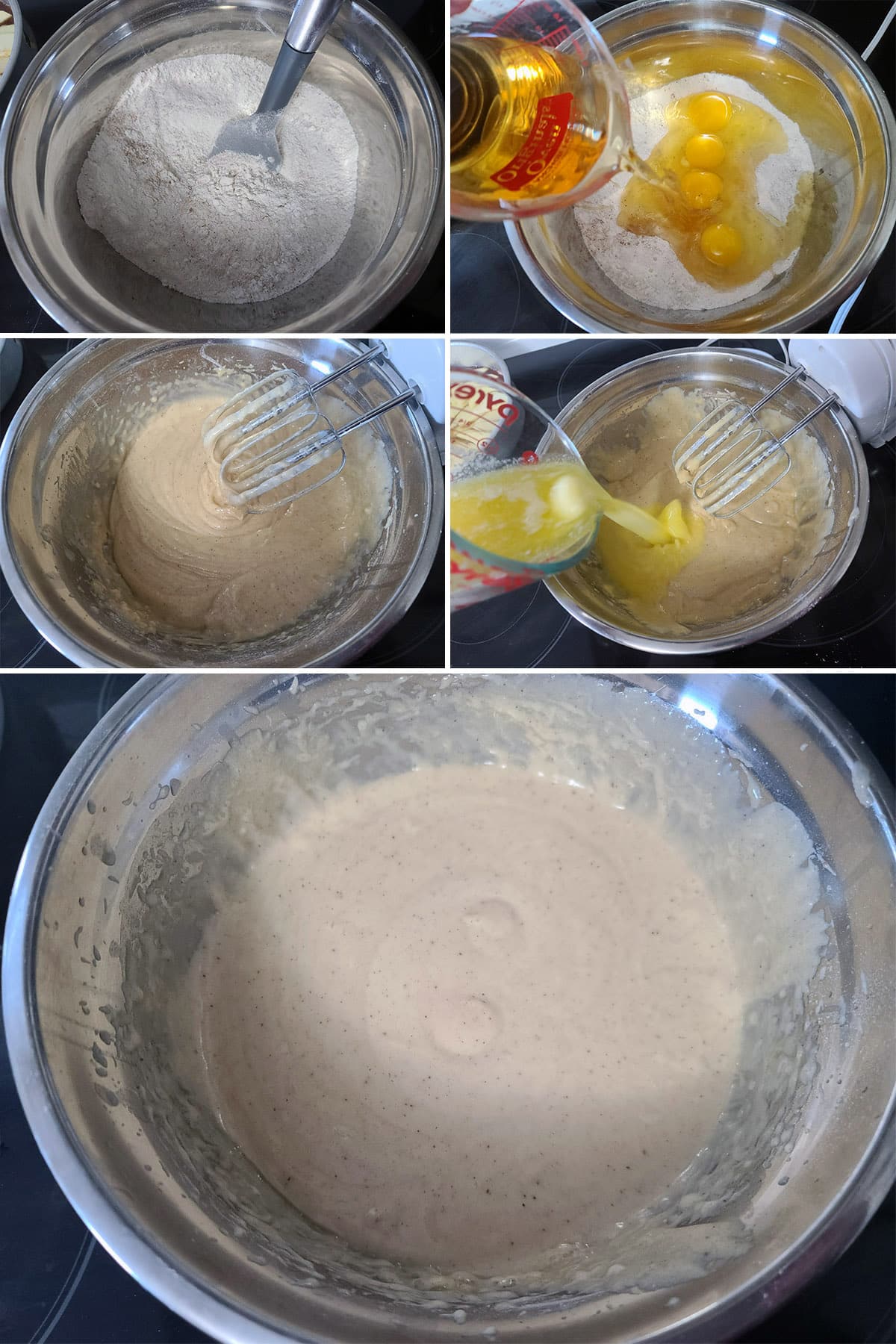 A 5 part image showing the batter being made.